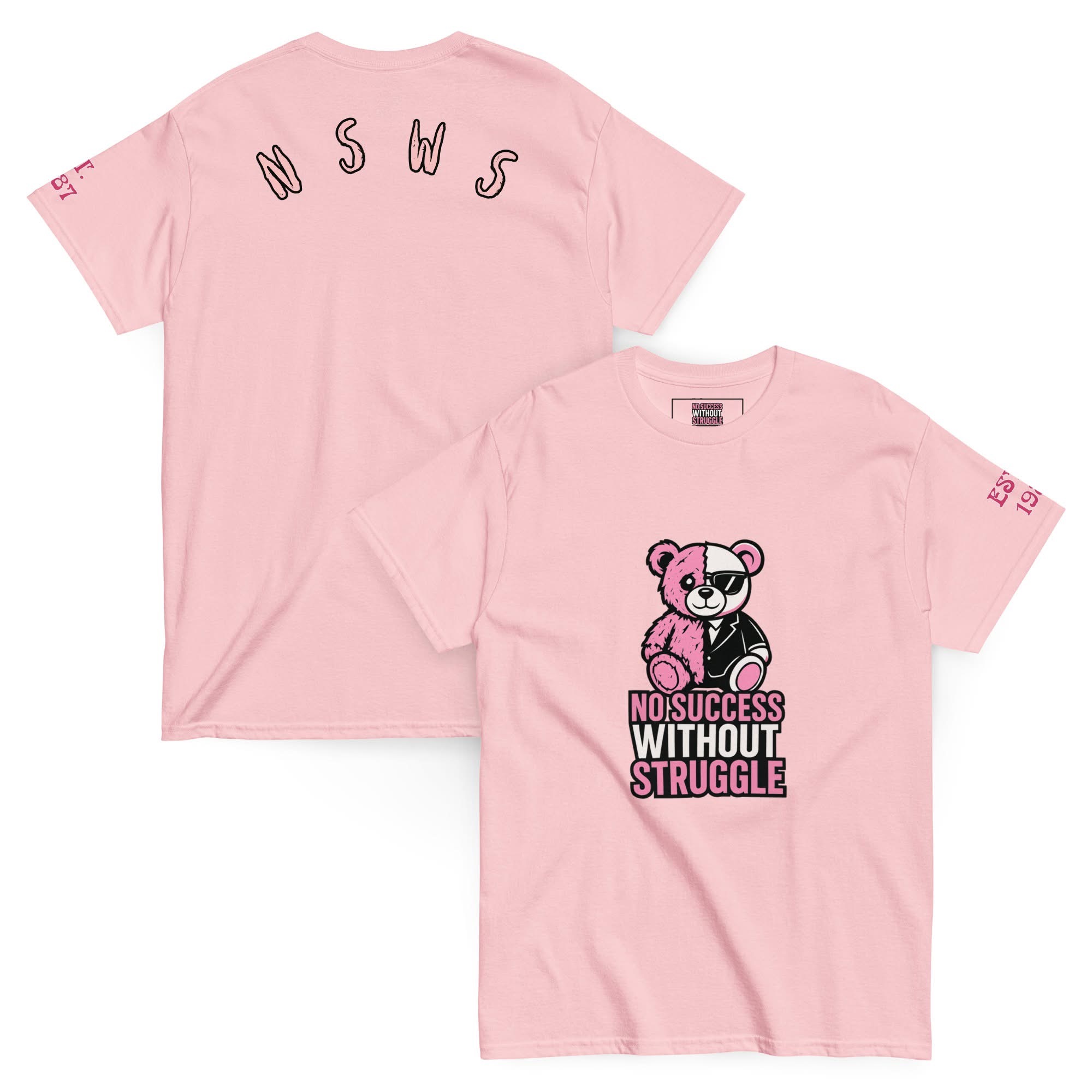 Pink T-shirt with a bear graphic and text, and letters on the back, displayed flat.