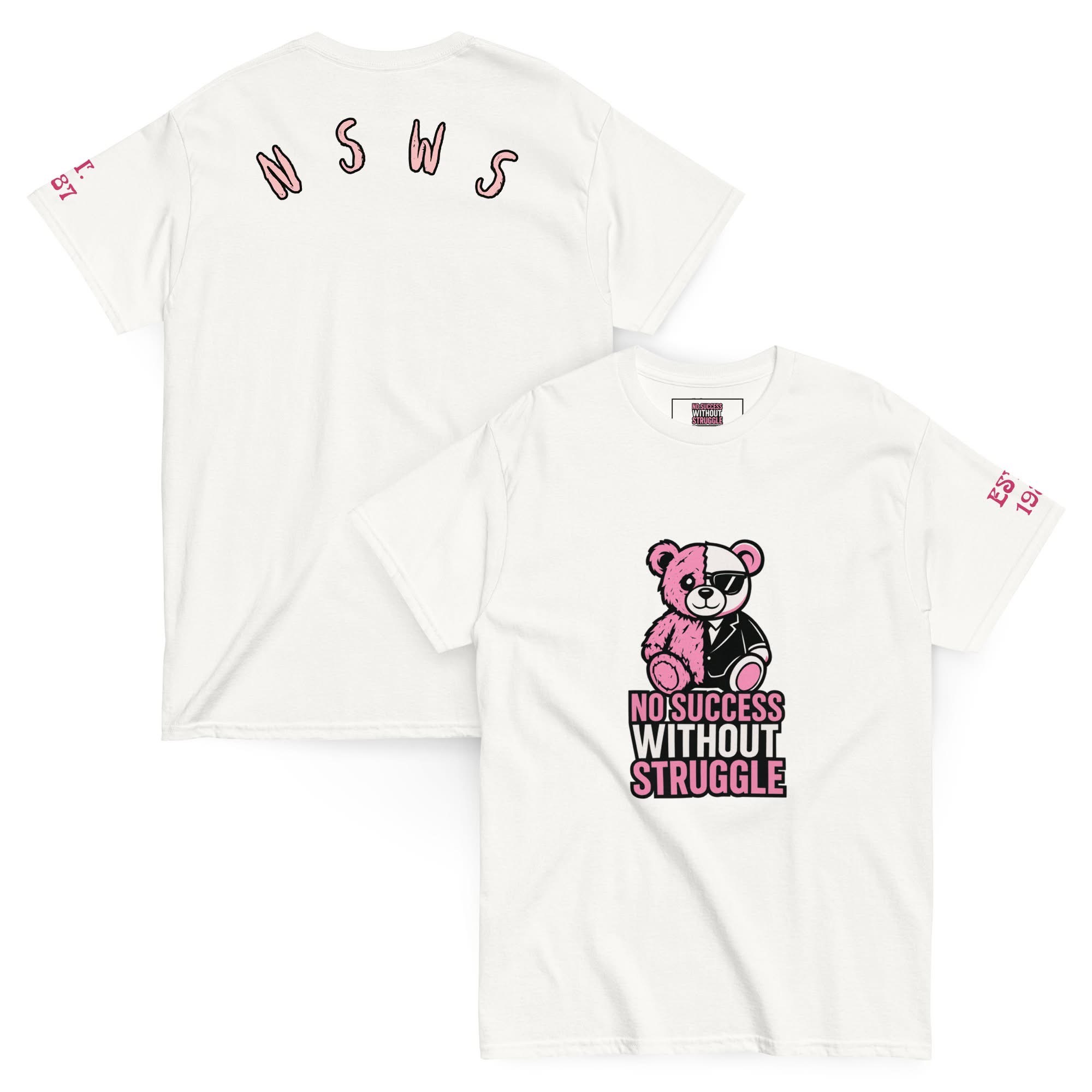 Two white T-shirts with graphic designs, one with letters on the back and the other with a bear illustration and text.