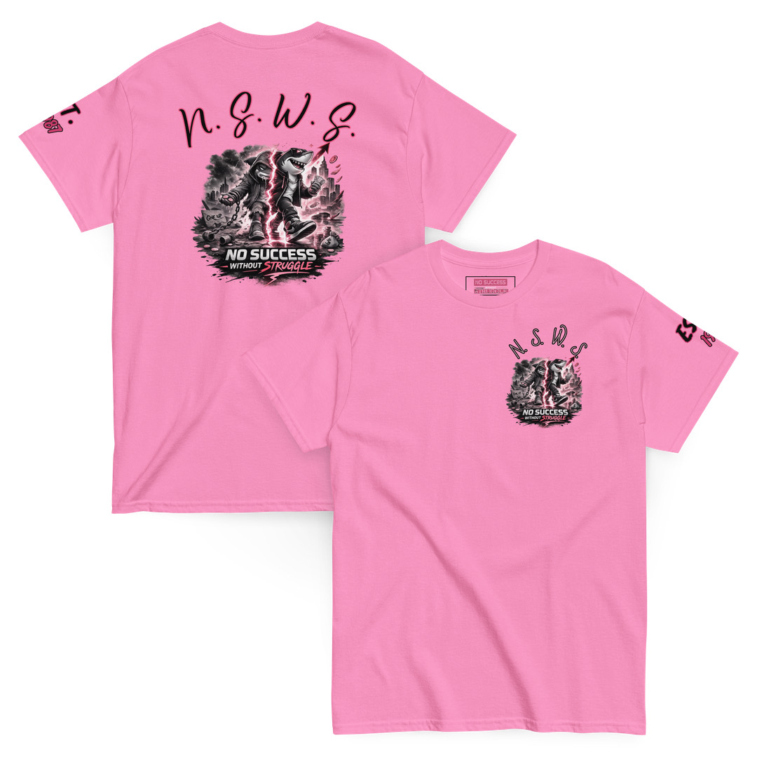 Two pink T-shirts with black graphic designs and text, one showing a lion's face and the other with a smaller graphic and text.