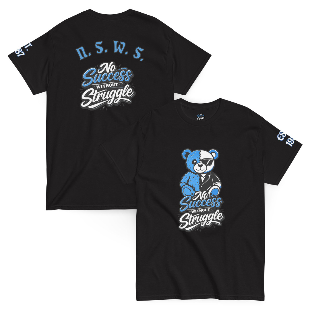 Black T-shirt with blue and white text and a bear graphic, featuring the words