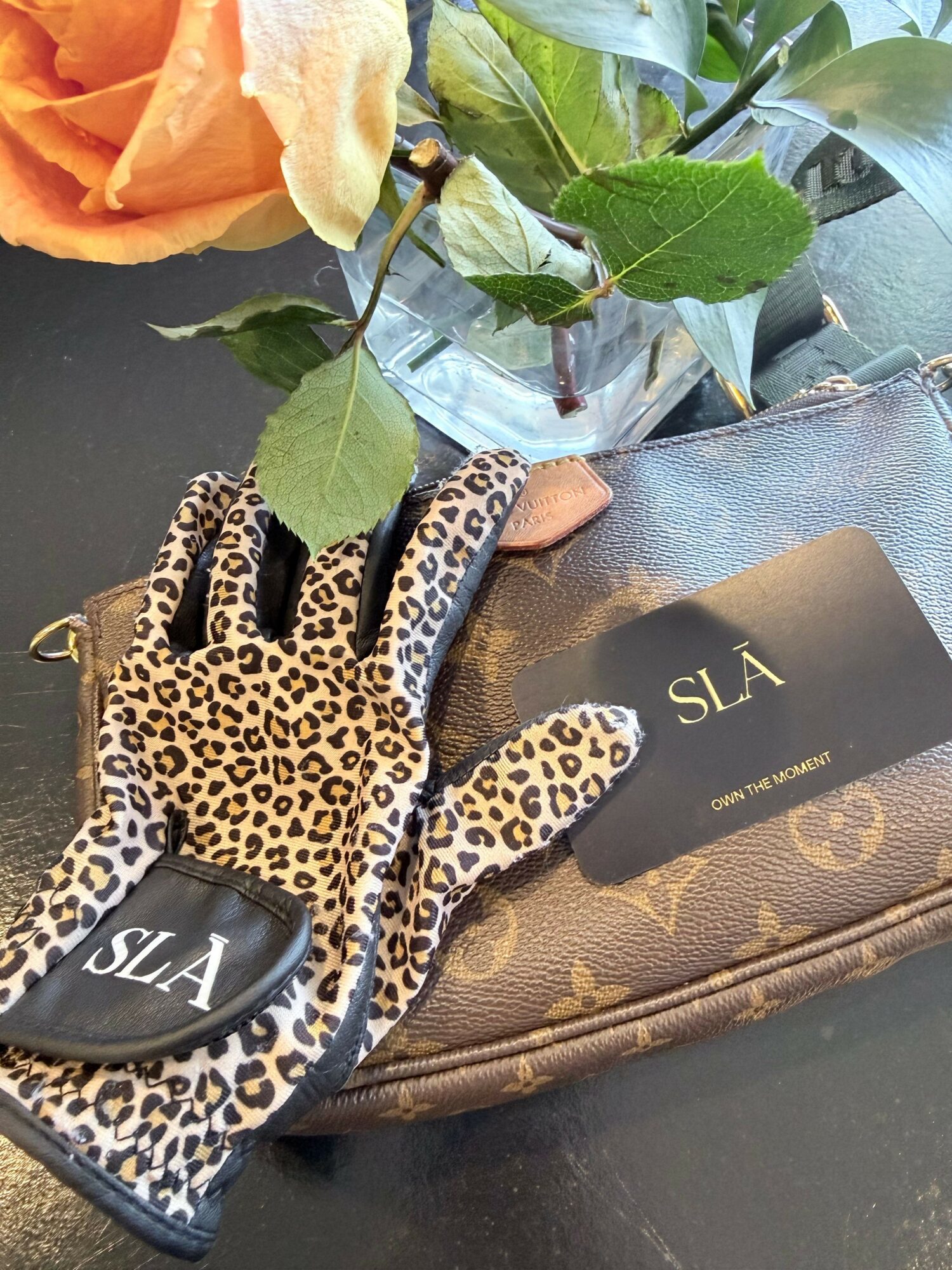 Leopard print gloves with black and white label, brown designer bag, and green leaves in a glass vase.