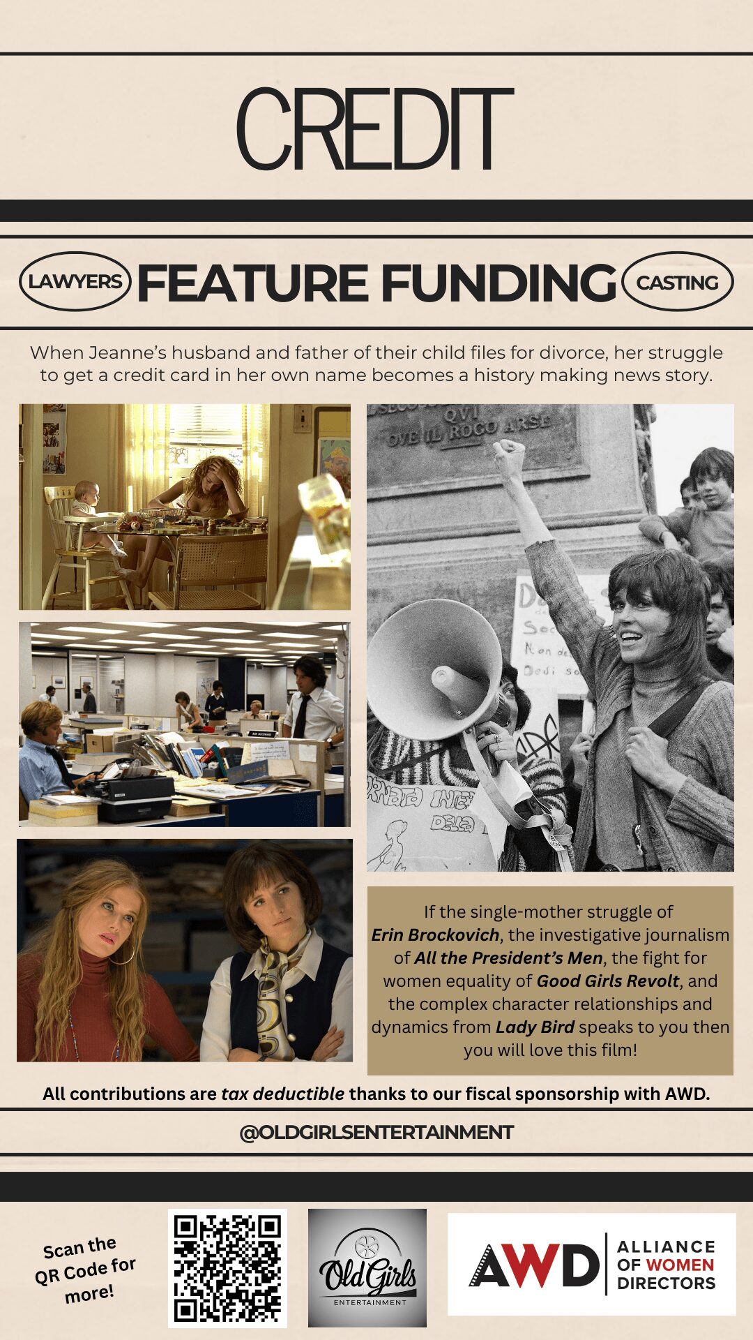 Page with images of people working, a person holding a megaphone, and a woman with children, related to a feature story.