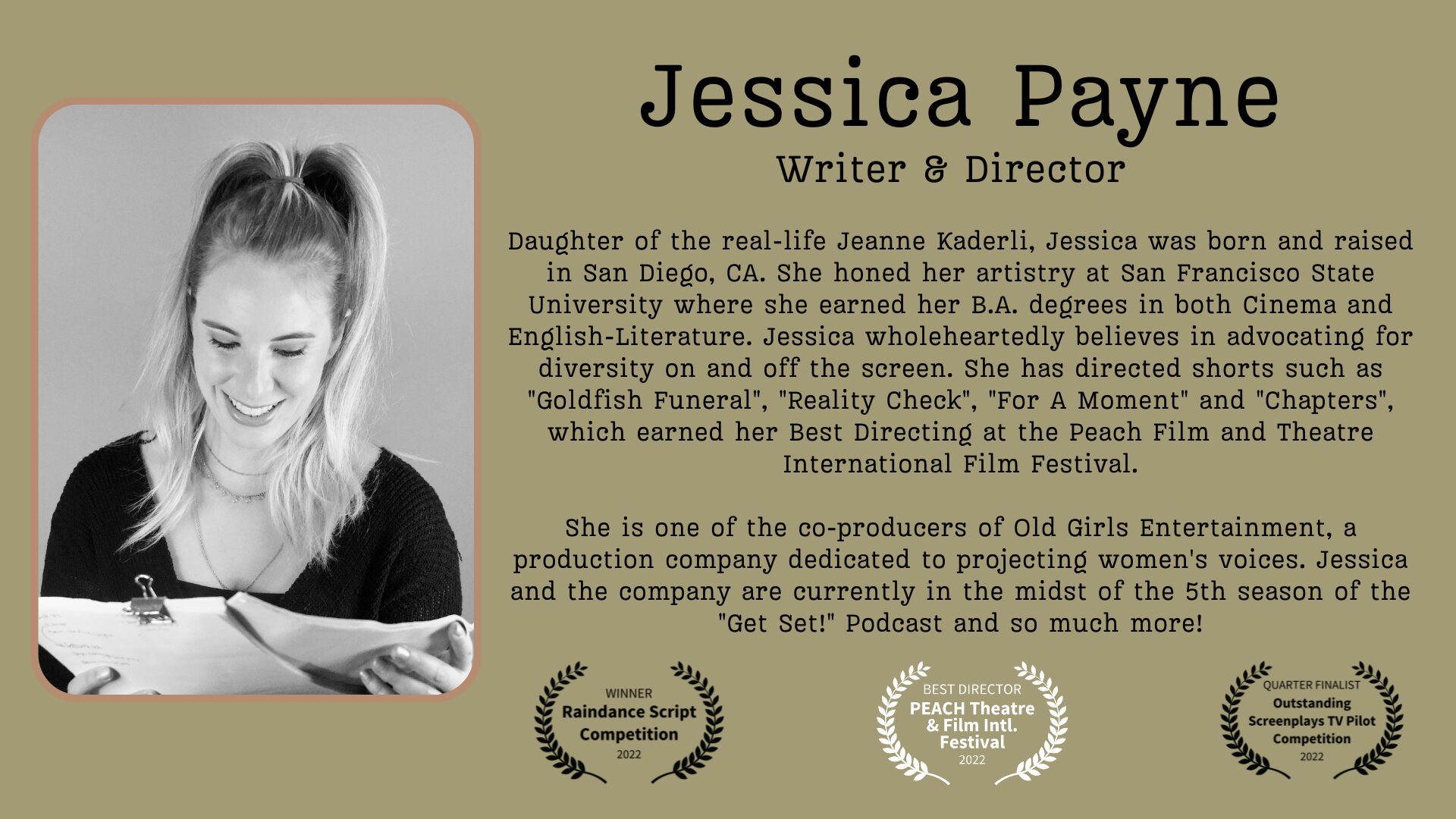 Biography of Jessica Payne, writer and director, with a photo of her smiling and holding a notebook, on a beige background.