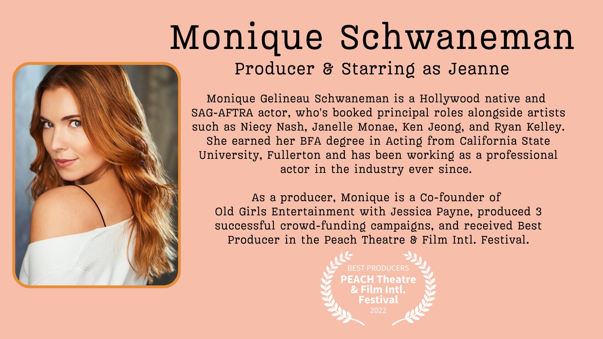 Portrait of Monique Schwaneman with long hair, smiling, on a peach background with text about her career.
