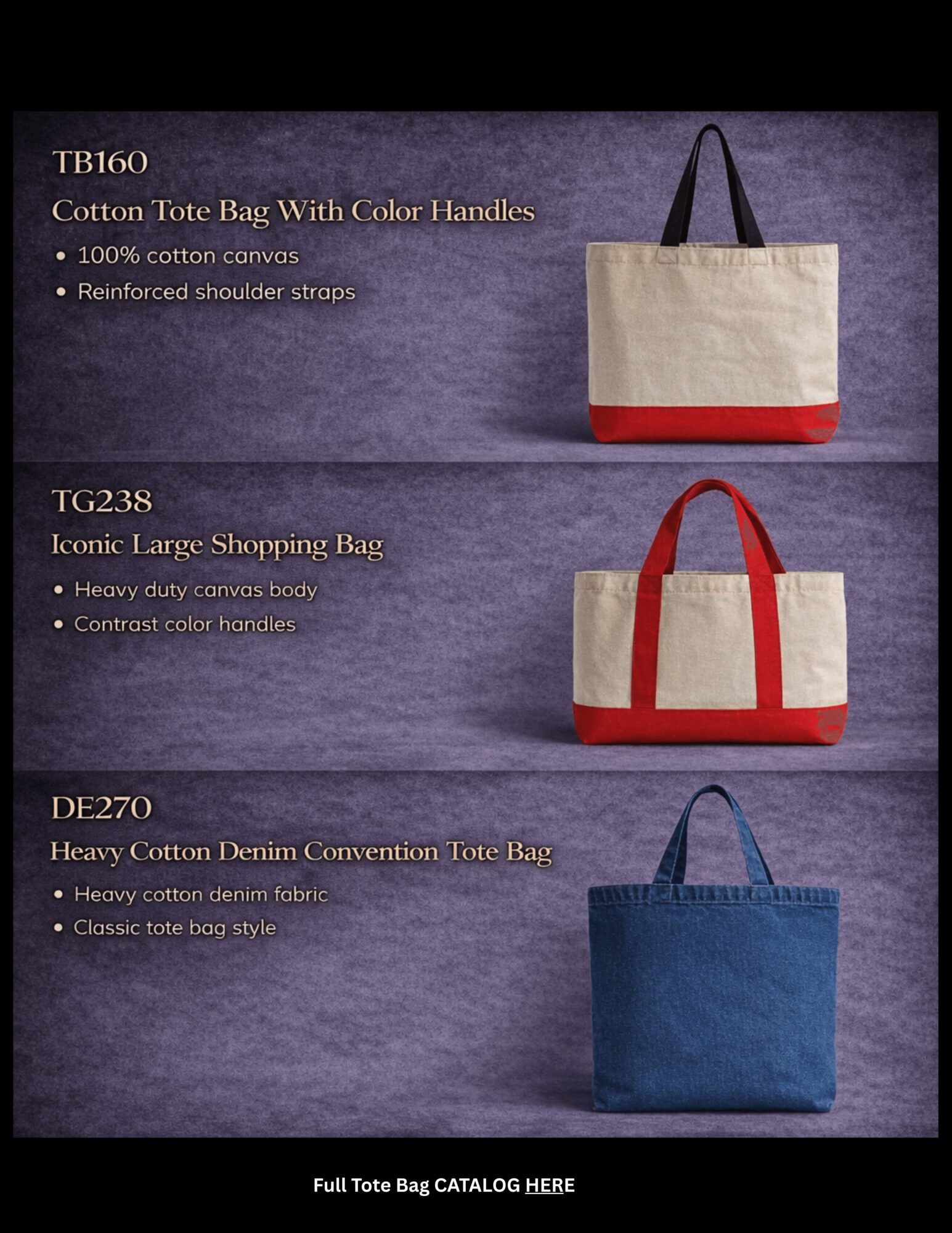 Three tote bags with different colors and styles on a purple background, each with description and features listed.