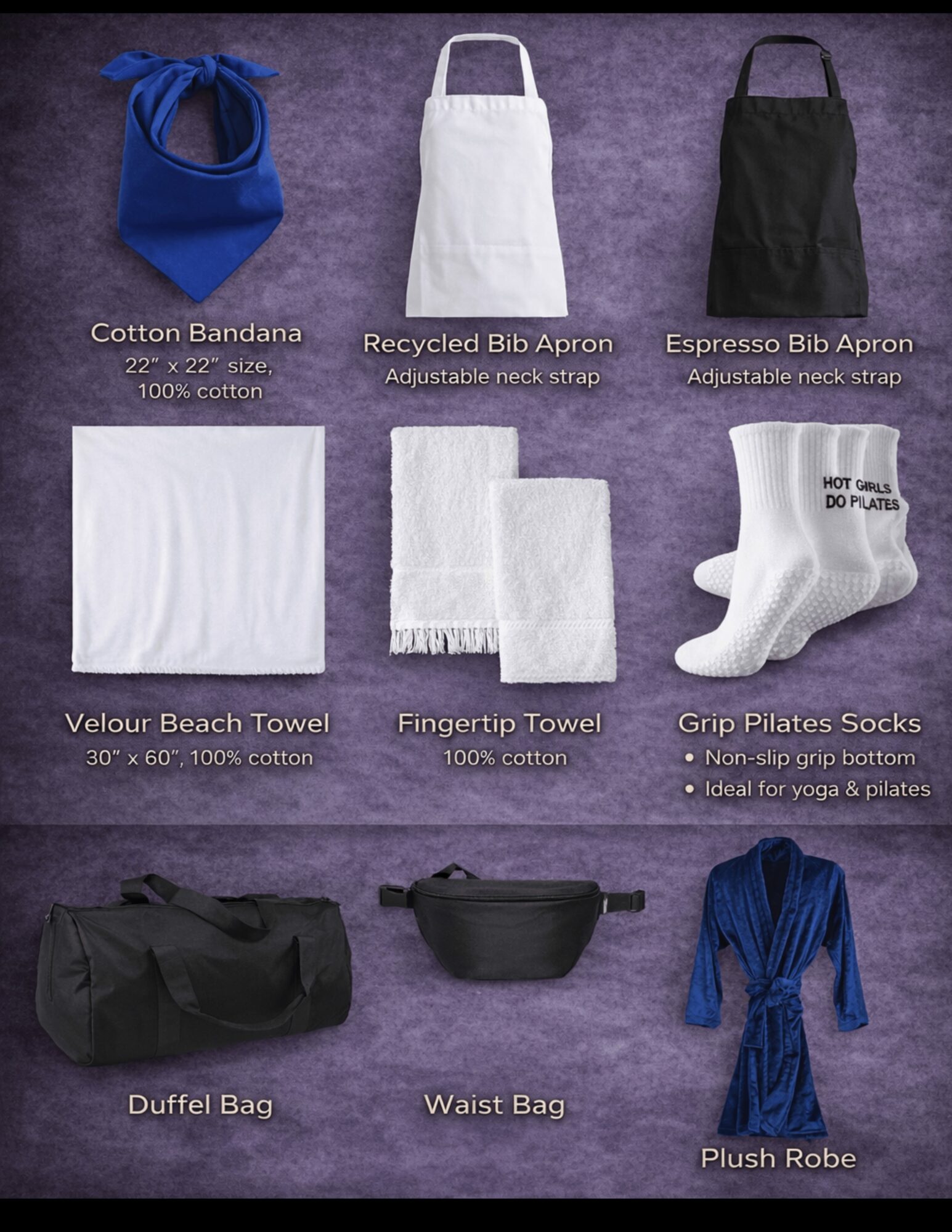 Collection of eight items on purple background: blue cotton bandana, white recycled bib apron, black espresso bib apron, white Velour Beach towel, white fingertip towel, white socks, black duffel bag, black waist bag, blue plush robe.