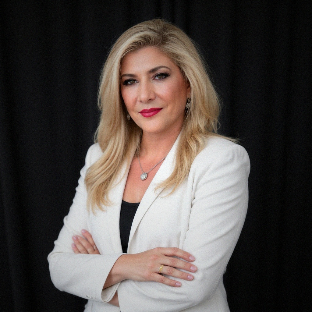 Woman with blonde hair in a white blazer, crossed arms, against black background.
