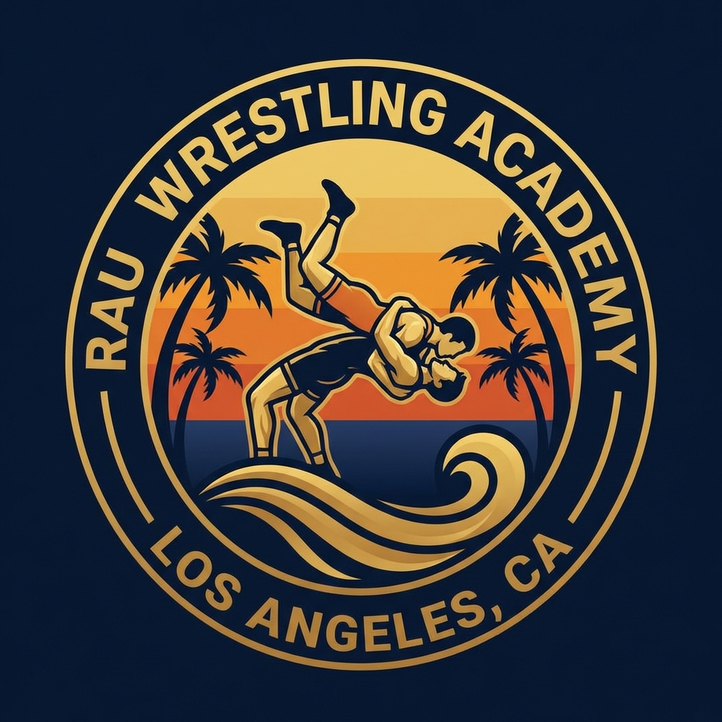 Logo for RAU Wrestling Academy featuring two wrestlers, palm trees, sunset background, circular text, and wave design.