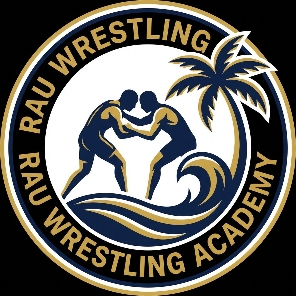 Logo with two wrestlers grappling, a palm tree, and text 'RAU Wrestling' and 'RAU Wrestling Academy'.