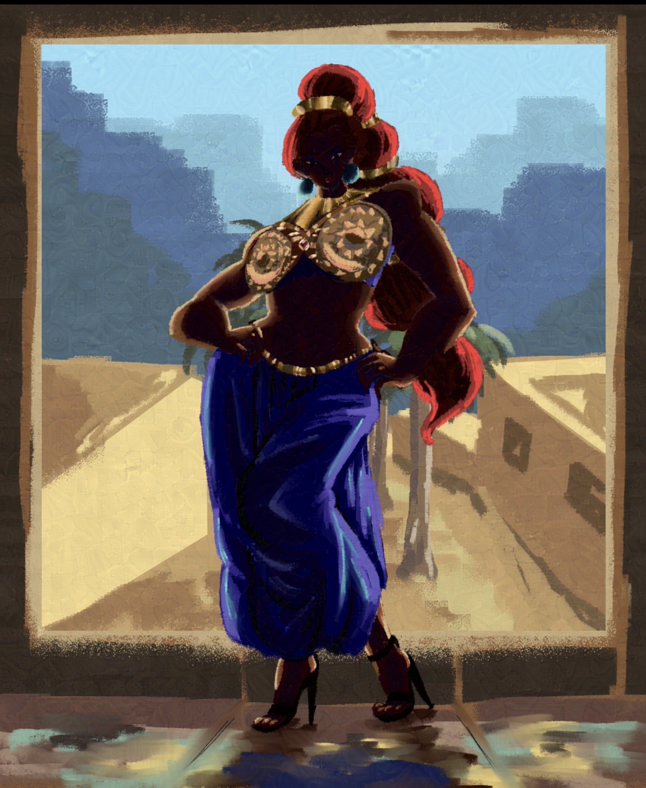 Woman in colorful attire standing in doorway with cityscape background, holding a fan, with long red hair.