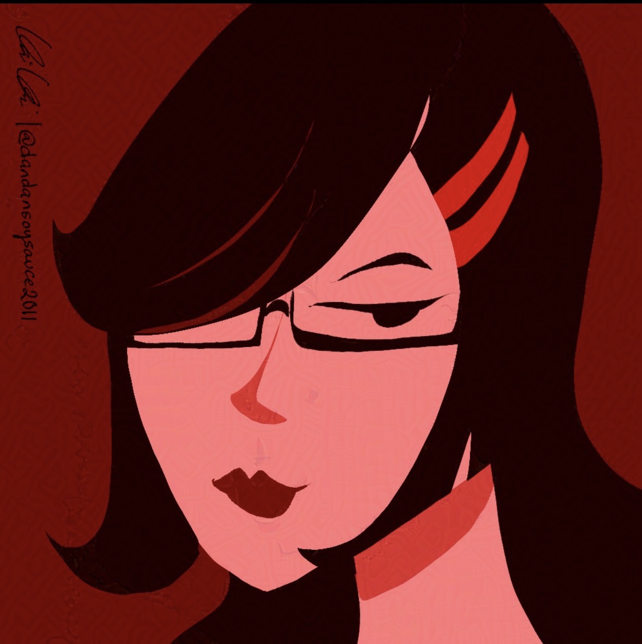 Illustration of a woman with glasses, dark hair, and closed eyes against a red background.