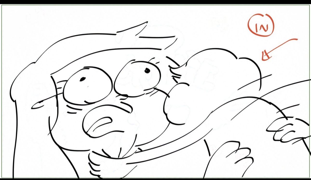 Sketch of a person with wide eyes and an open mouth, appearing surprised or shocked, with another person's arm around them.