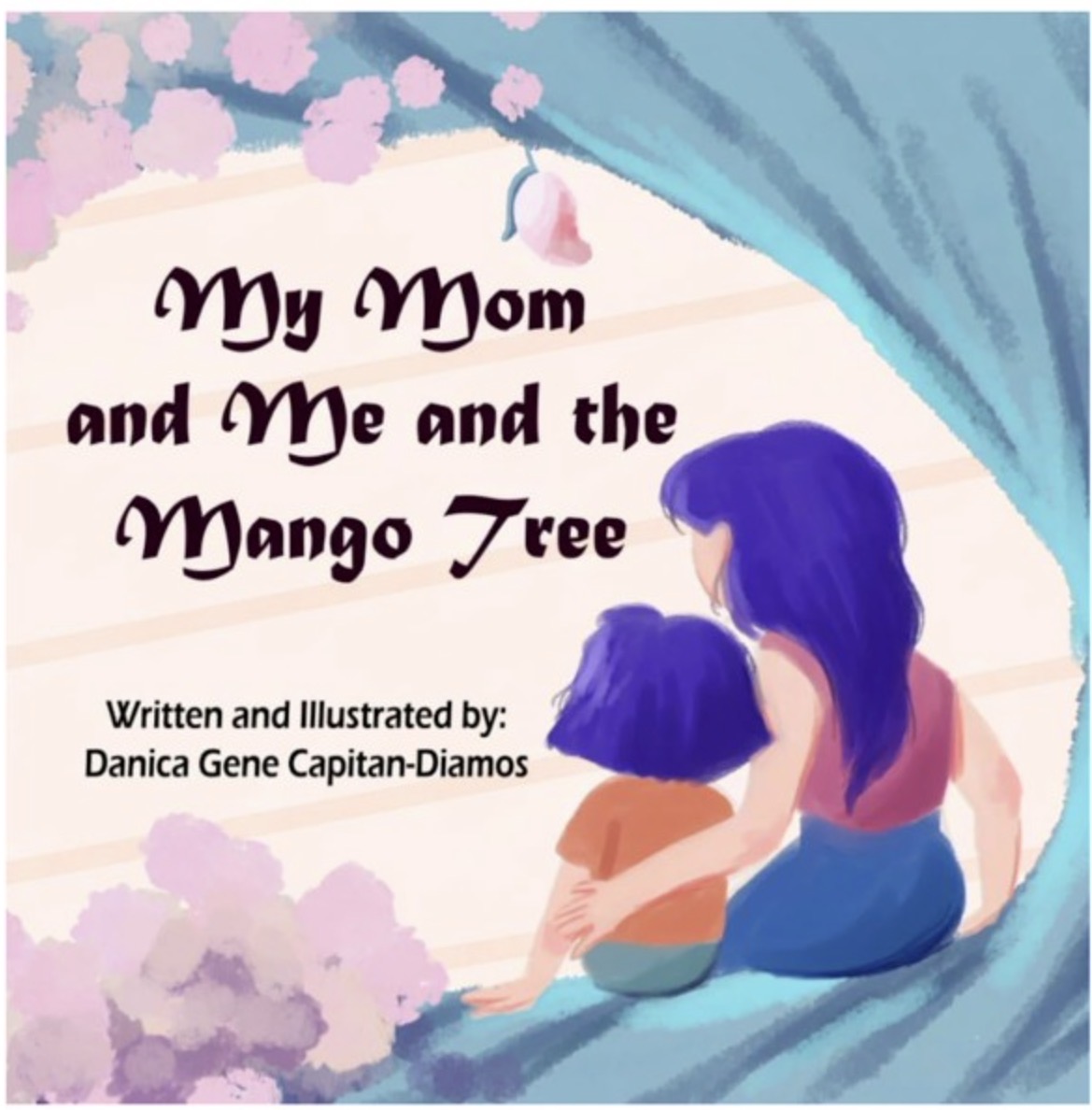 Illustration of a woman and child sitting together, looking at a scene with pink flowers and a blue curtain.