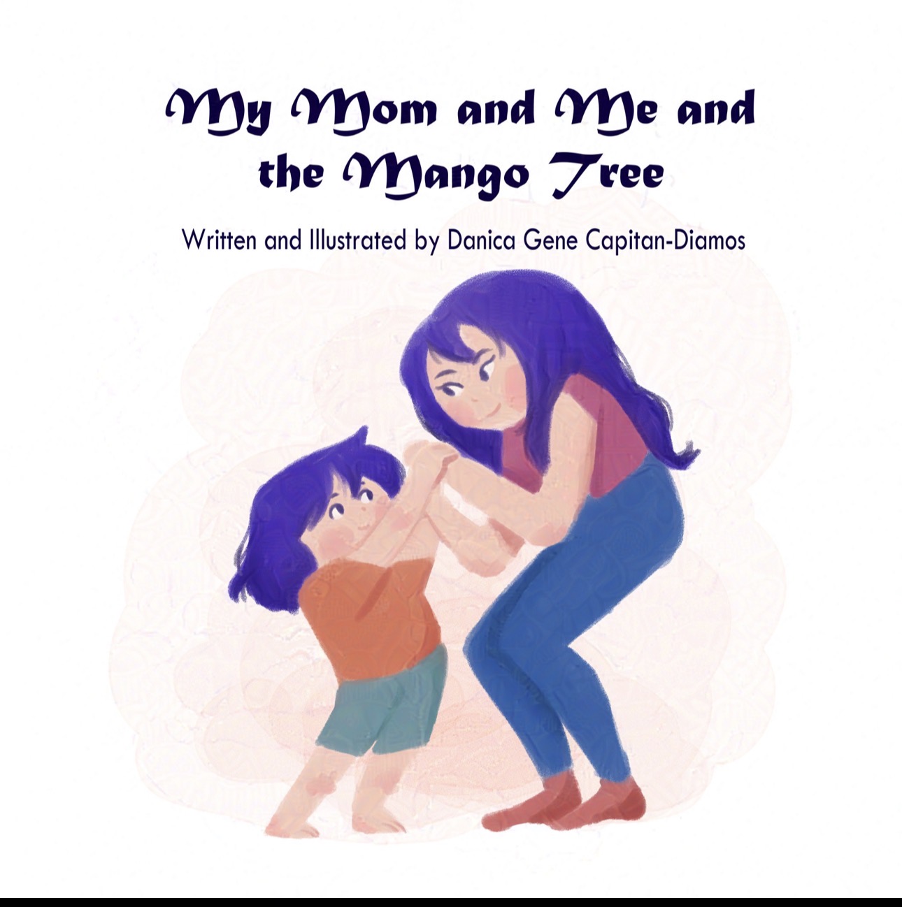 Illustration of a woman and a child holding a mango, with text above and below them.