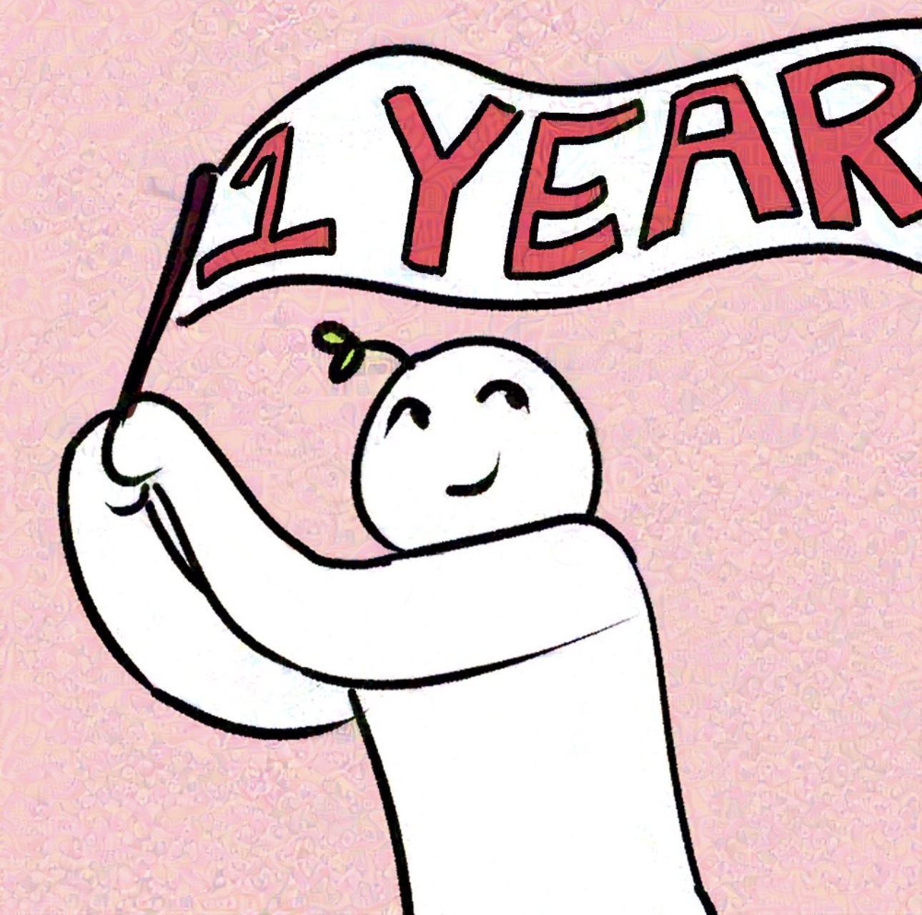 Simple drawing of a smiling character holding a flag that reads '1 YEAR' on a pink background.