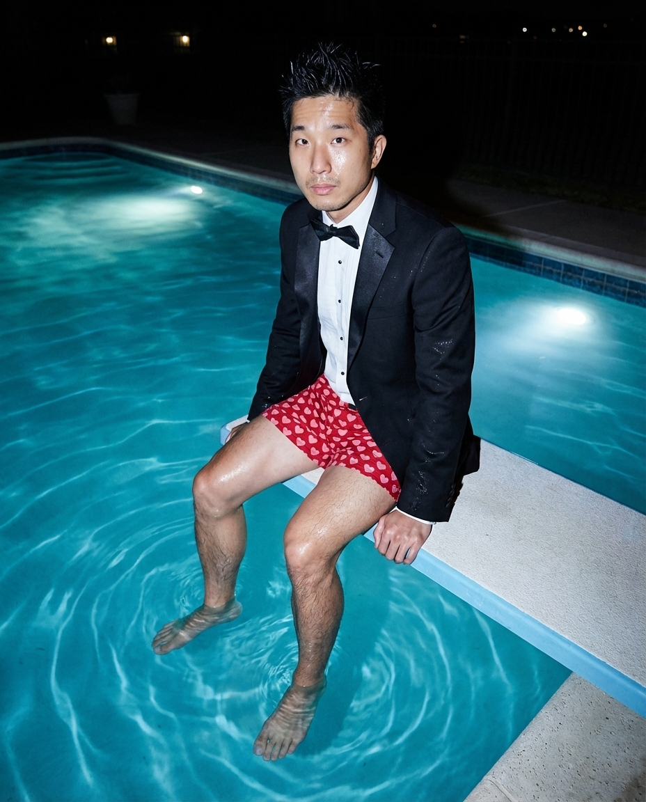 Young man in tuxedo sitting on pool edge at night with legs in water, wearing red shorts, looking at camera.