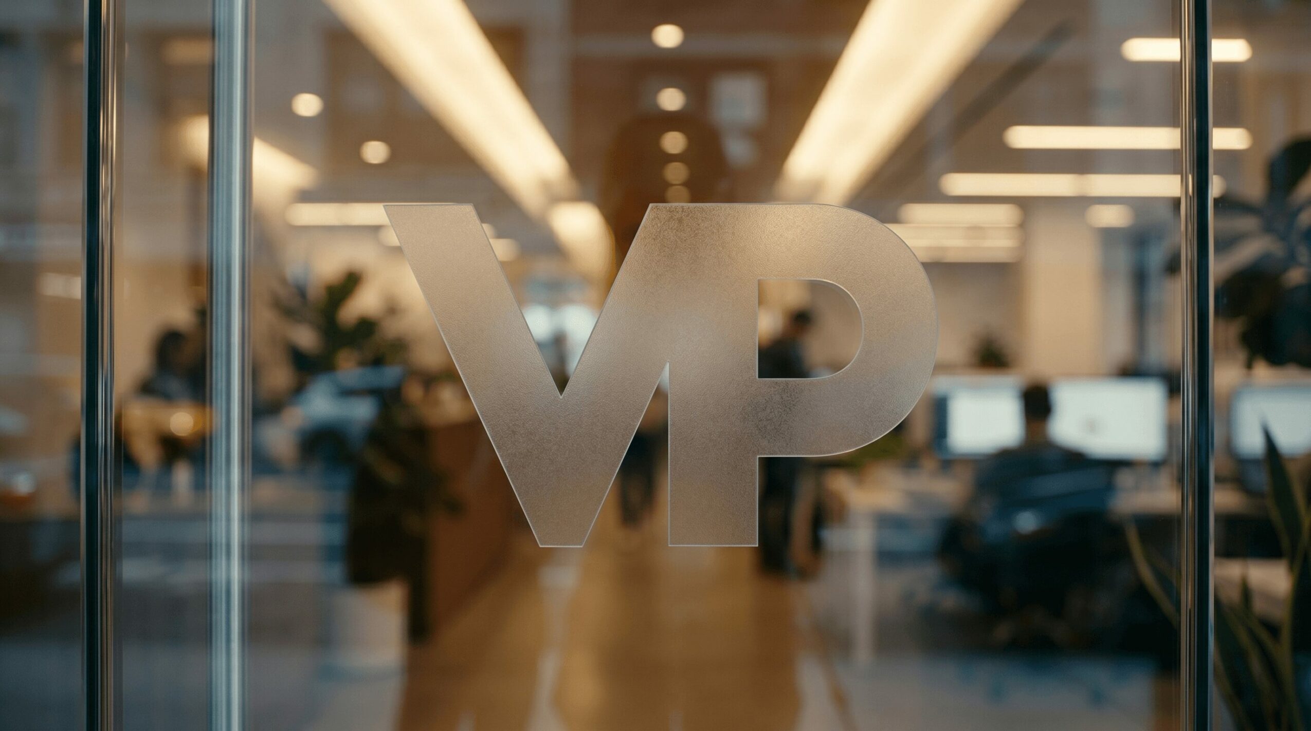 Glass door with 'VP' logo, interior office space with desks and people in background.