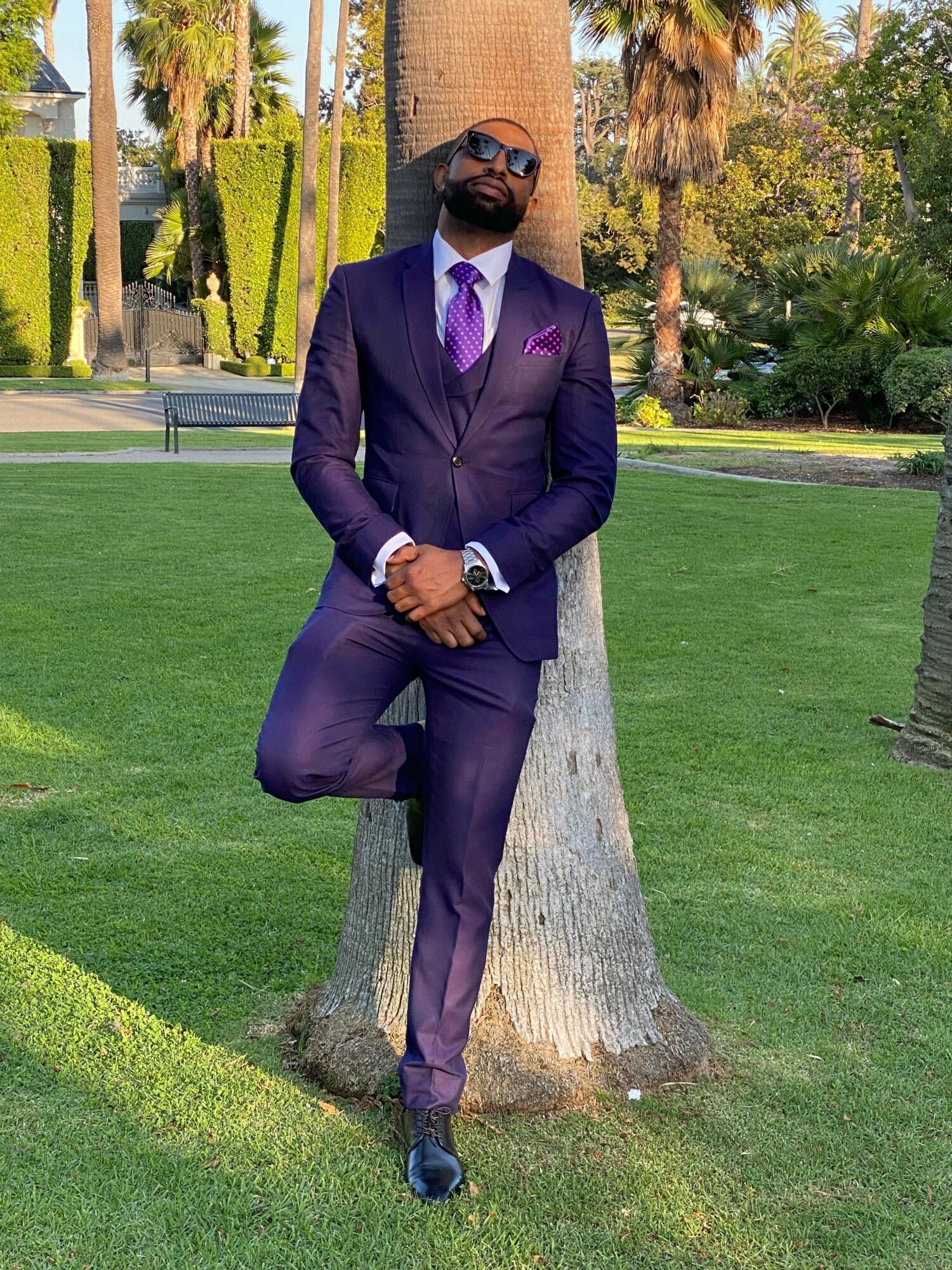 Man in a dark suit with purple tie and pocket square, standing outdoors near a tree, with greenery and trees in background.