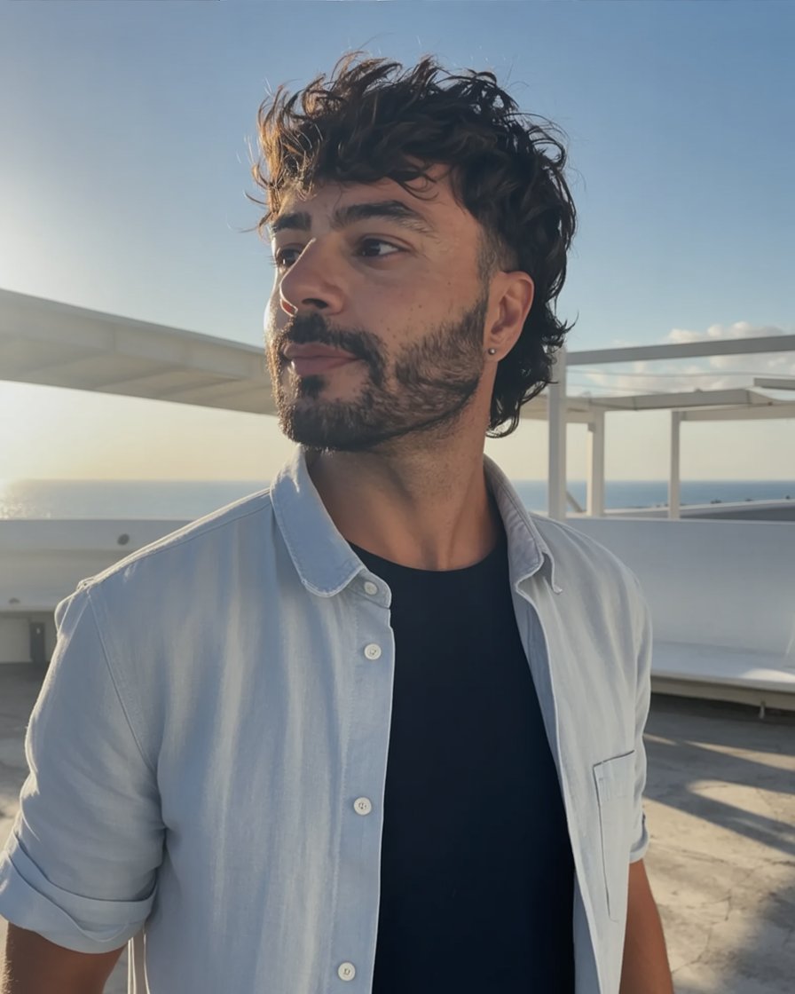 Man with curly hair and beard wearing a light shirt outdoors with a clear sky.