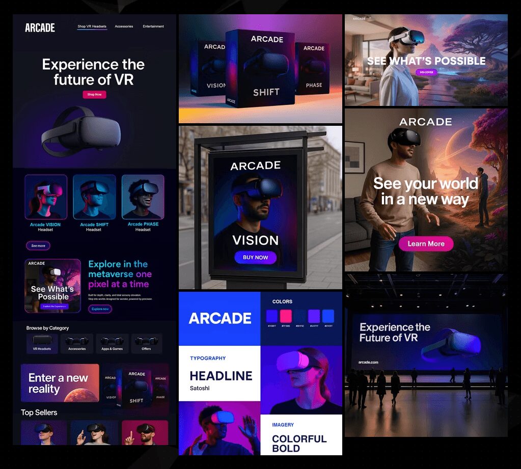 Collection of VR and arcade promotional images with text, VR headsets, and colorful backgrounds.