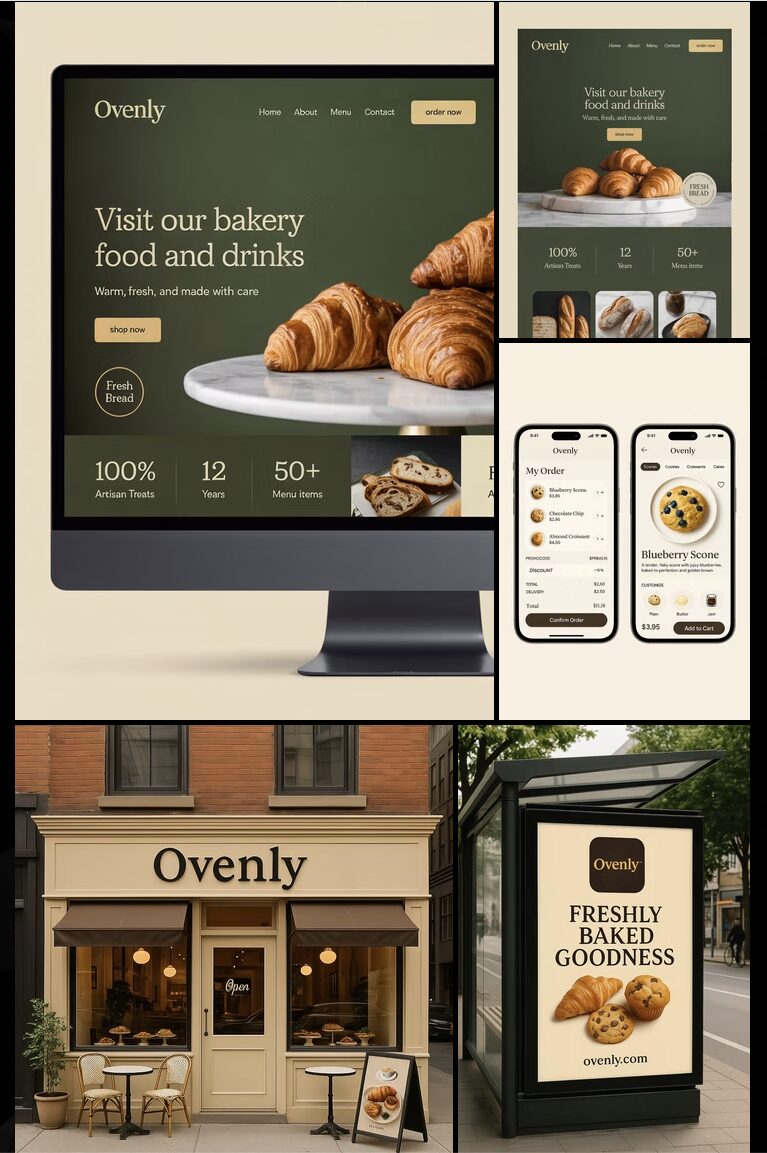 Bakery storefront with outdoor seating, sign, and digital advertising display for baked goods.
