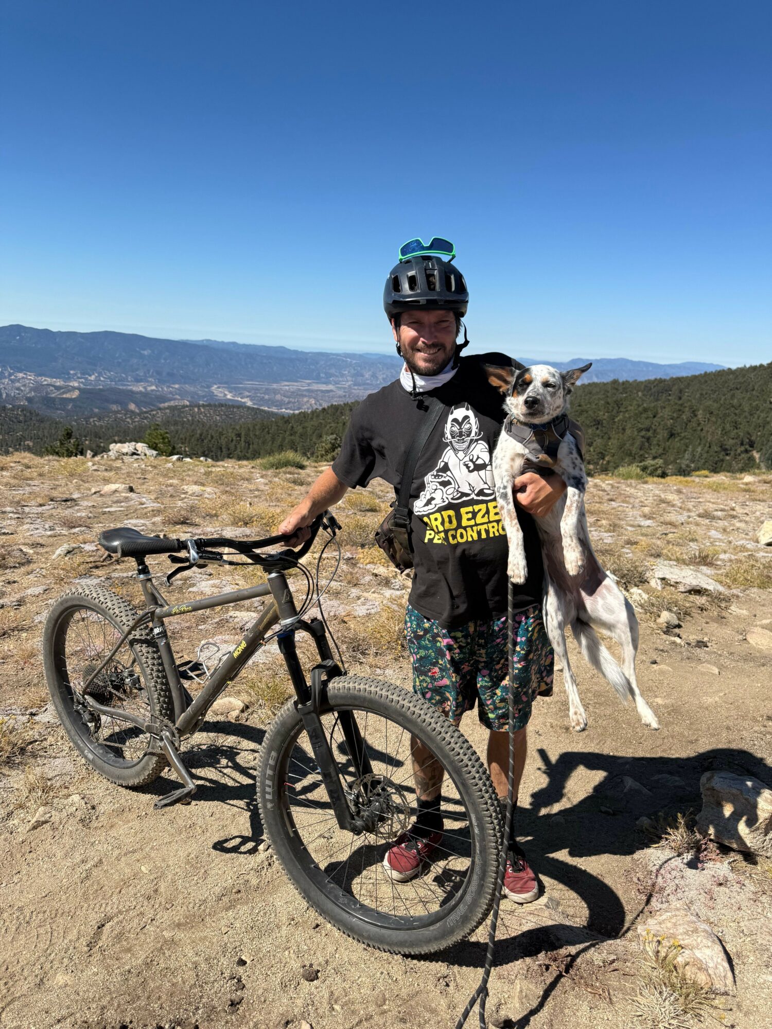 Person wearing a helmet holding a dog outdoors with a mountain landscape in the background.