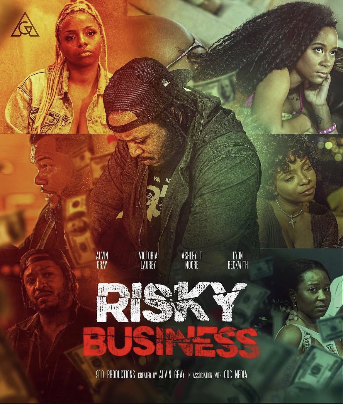 Collage of five people, some with serious expressions, with money and a logo in the background, promoting a business-themed film.