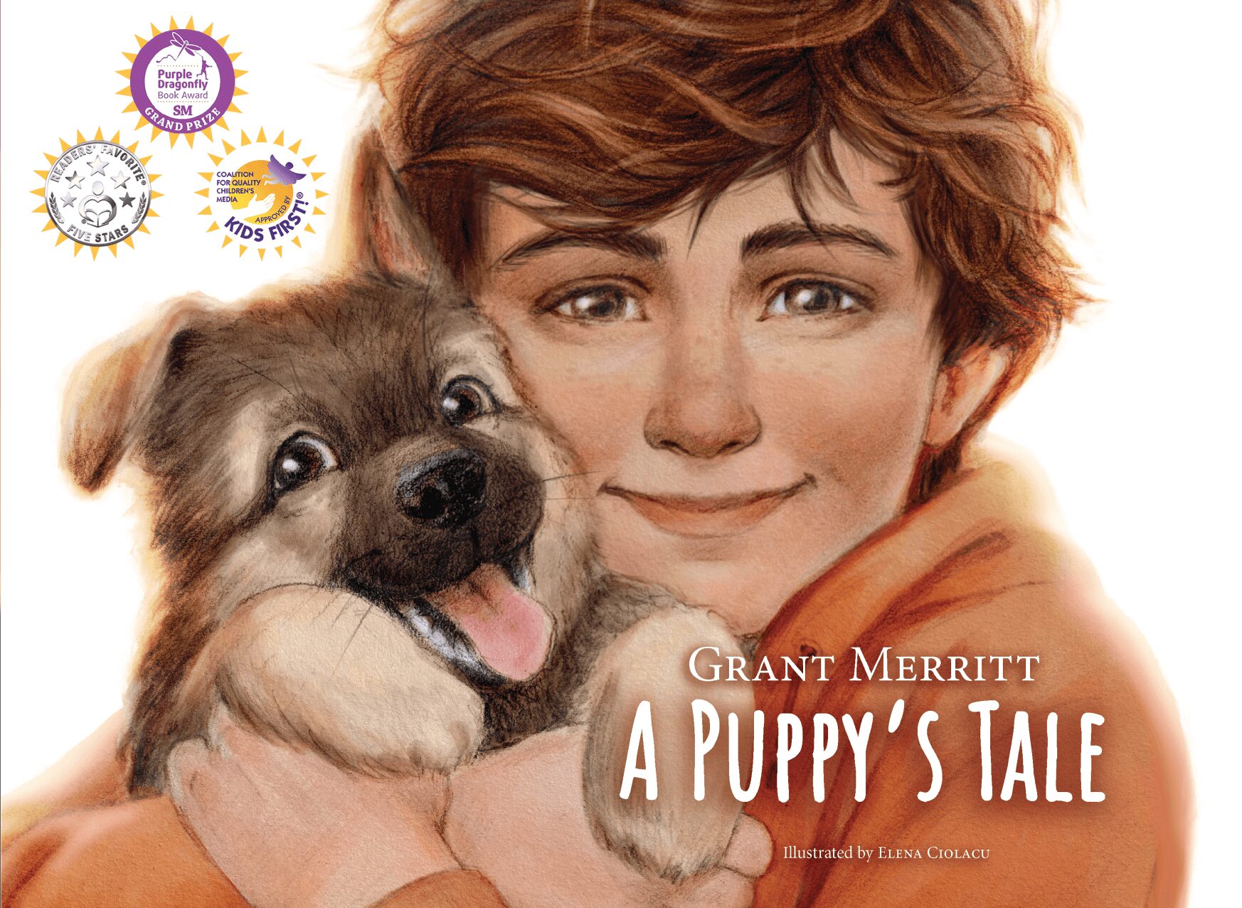 Woman hugging a puppy with a book cover background, smiling face, and puppy's tongue out.