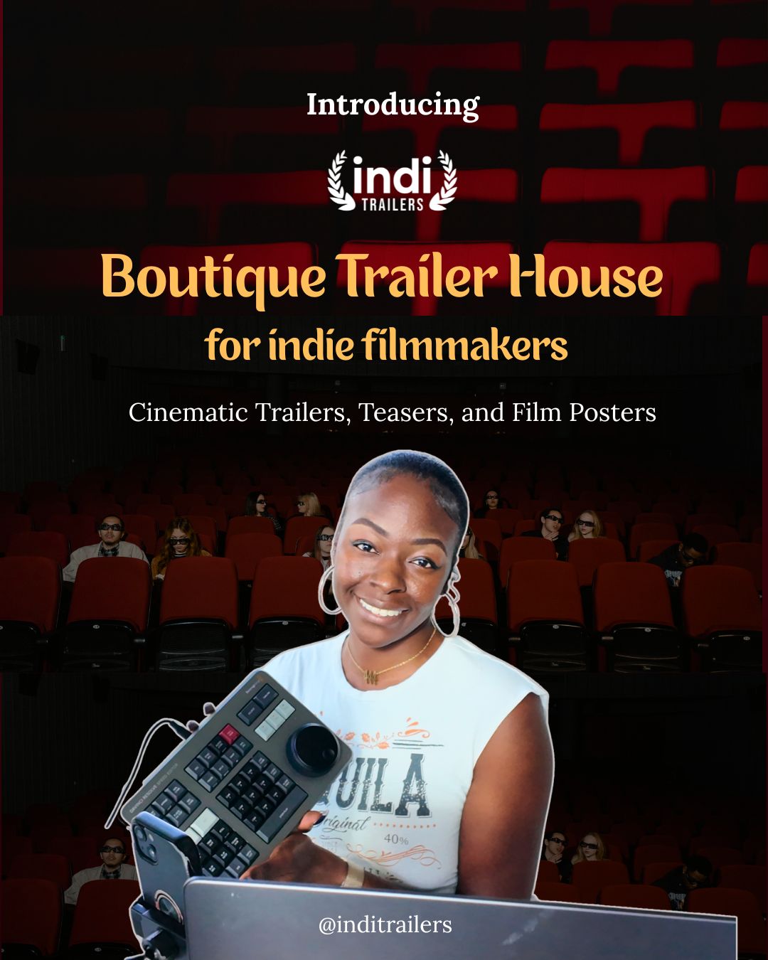 Young woman holding a film editing console in a theater with red seats and a dark background.