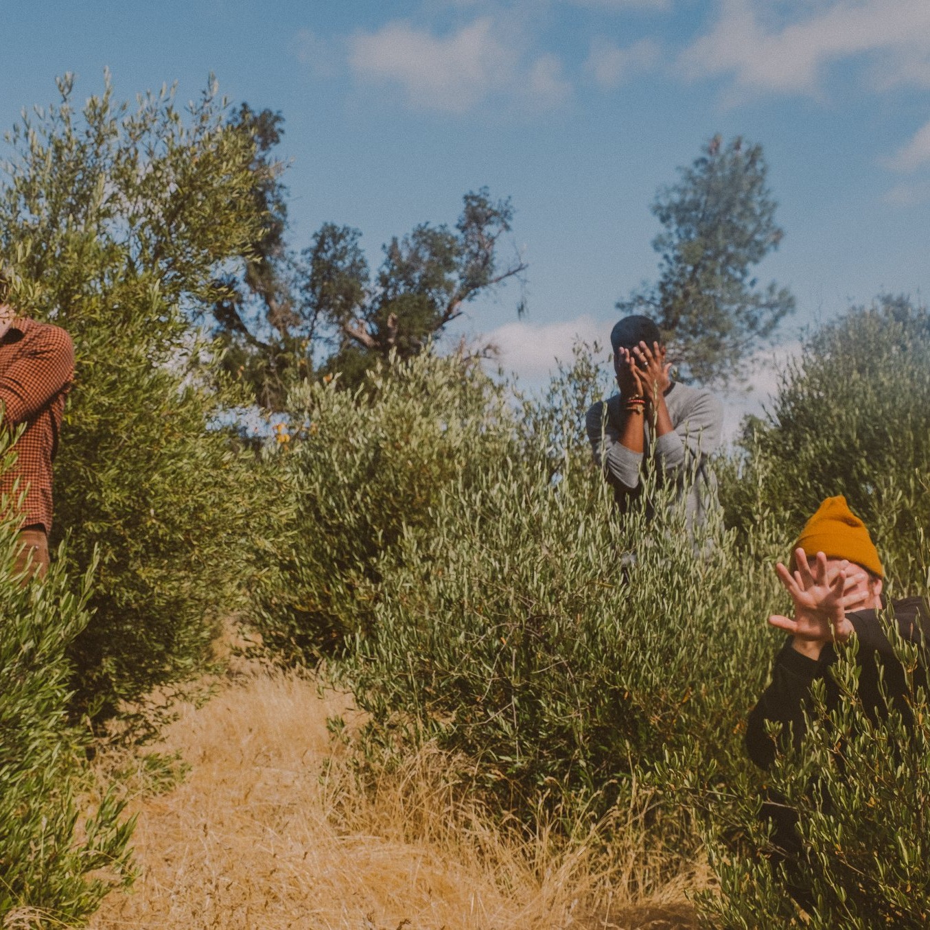 Three children outdoors among bushes and trees, one wearing a yellow hat, two covering their faces, under a blue sky.