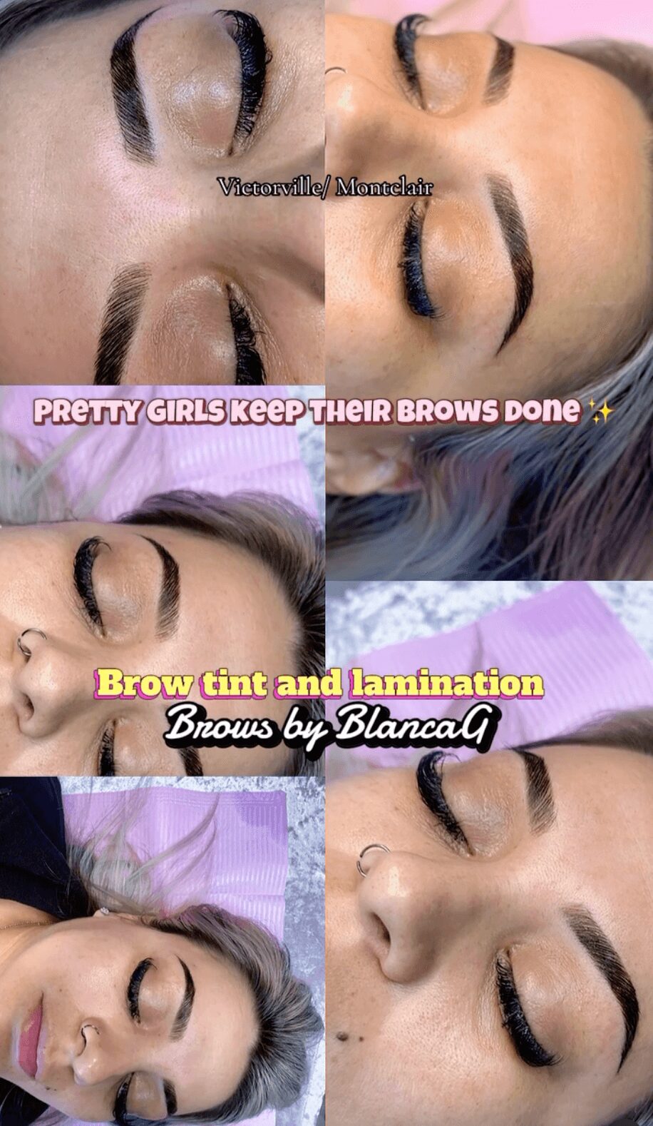 Close-up of a woman's face before and after eyebrow treatment, showing eyebrows, eyelids, and skin. Text overlays mention brow tint and lamination.