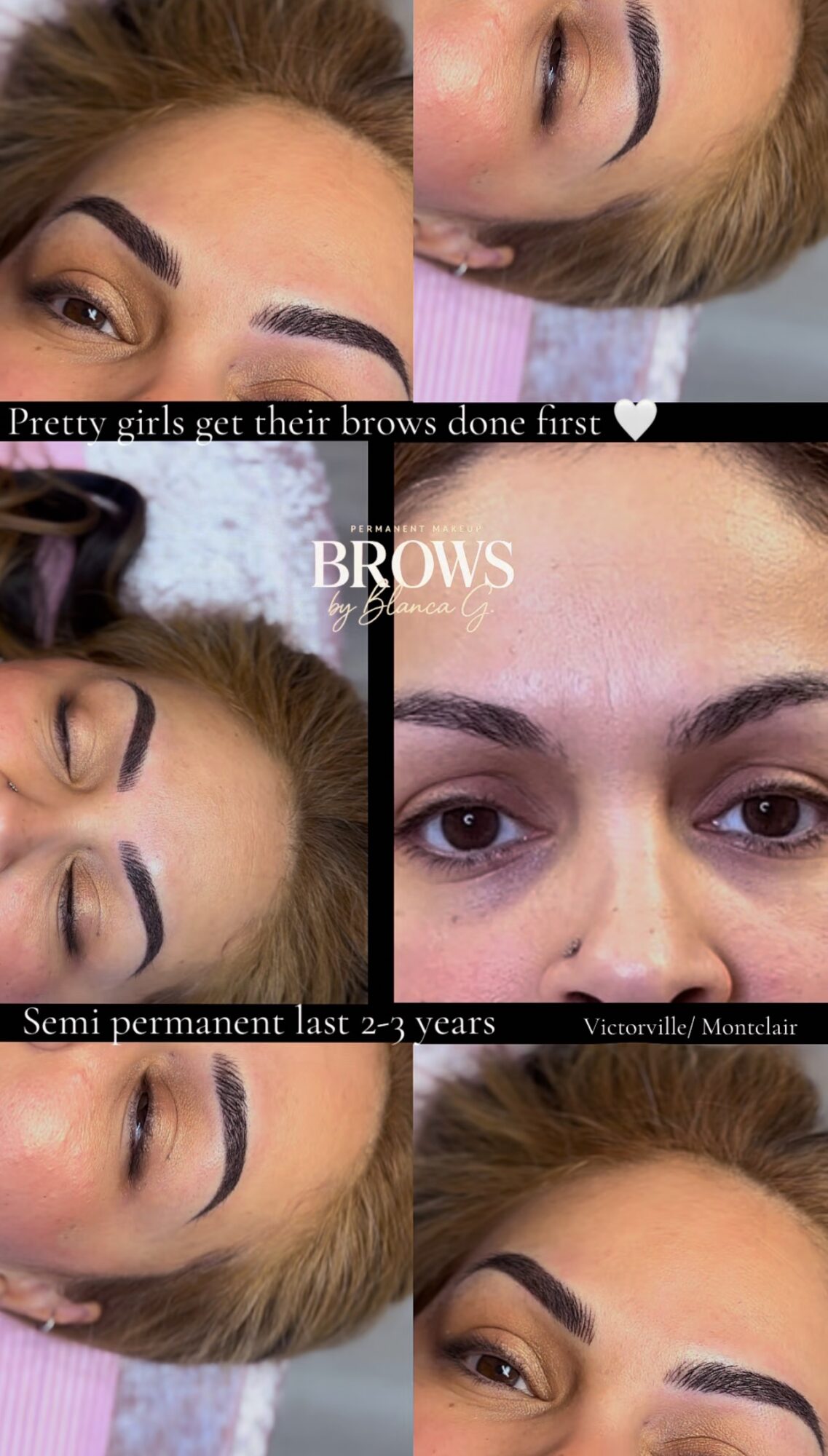 Comparison of eyebrows before and after semi-permanent makeup, showing improved shape and fullness in two women.