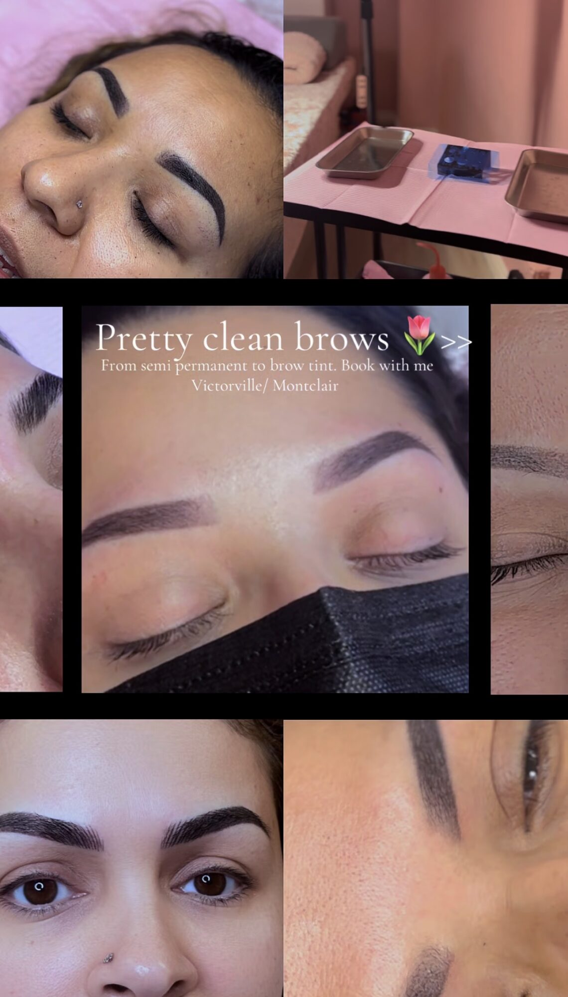 Close-up of a woman's face with eyebrows, a table with makeup items, and text about eyebrow services.