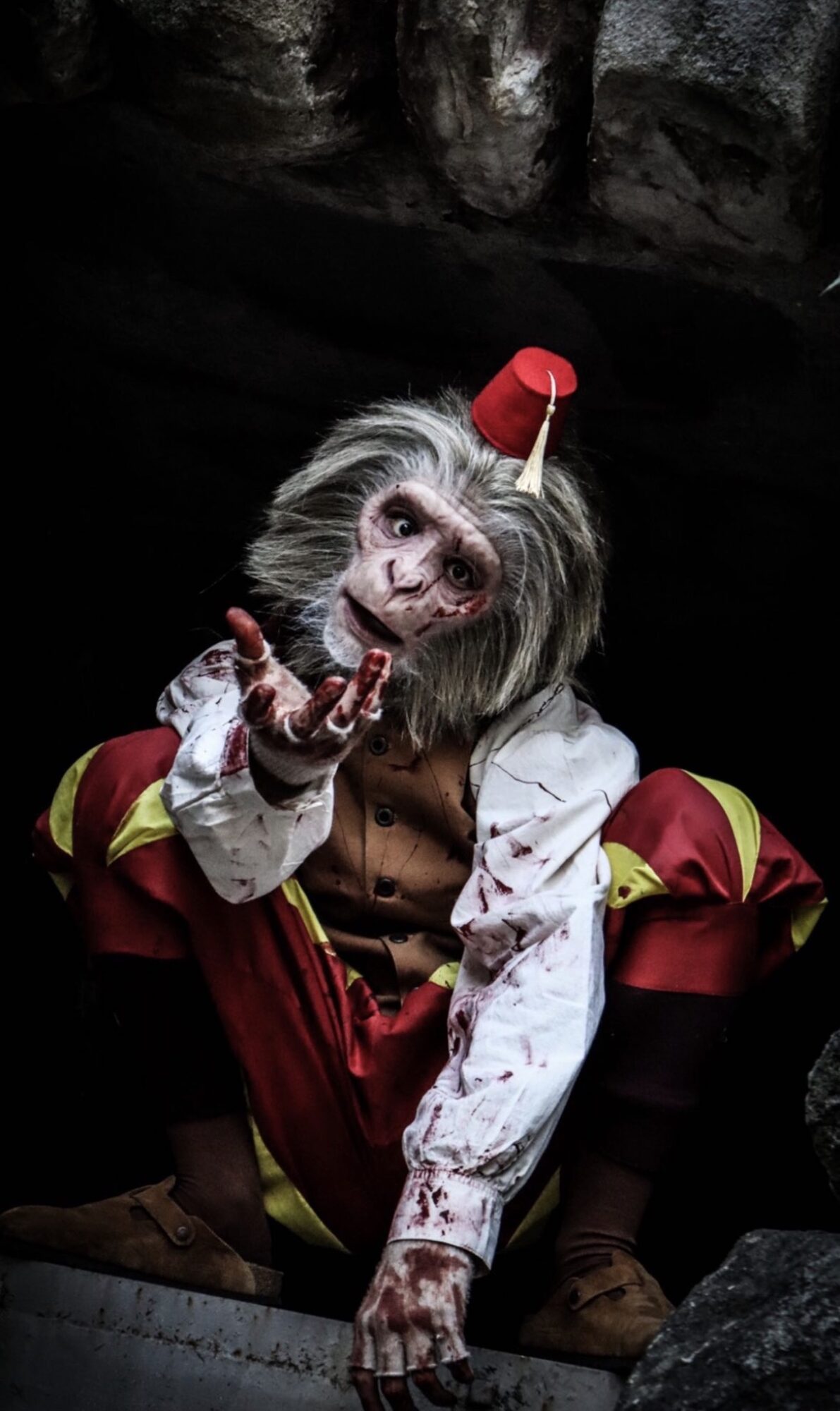Creature with a human body and a monkey-like face wearing a red party hat, white shirt, and red and yellow costume.