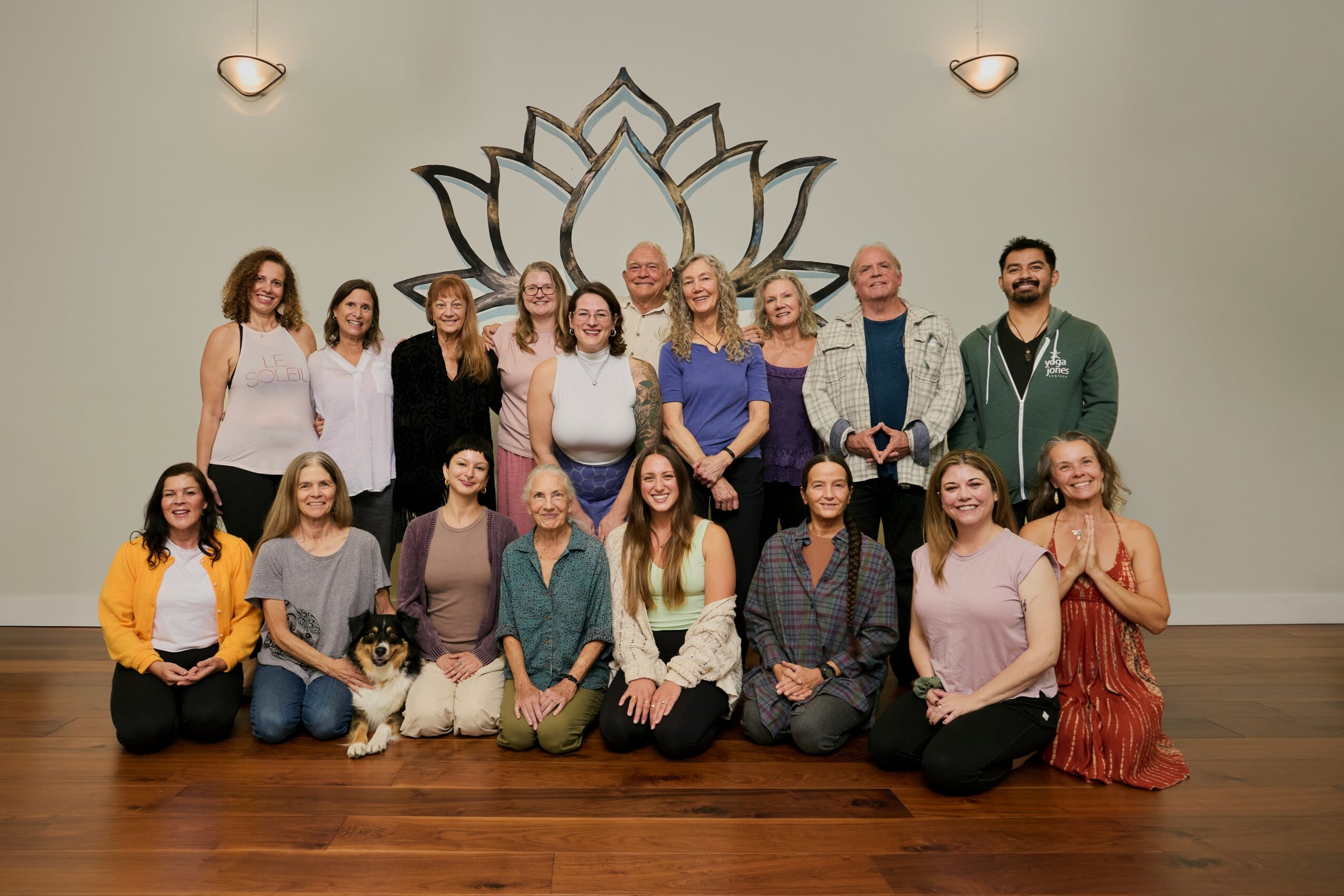 Group of 16 people posing indoors in front of a decorative wall art, some sitting and others standing.