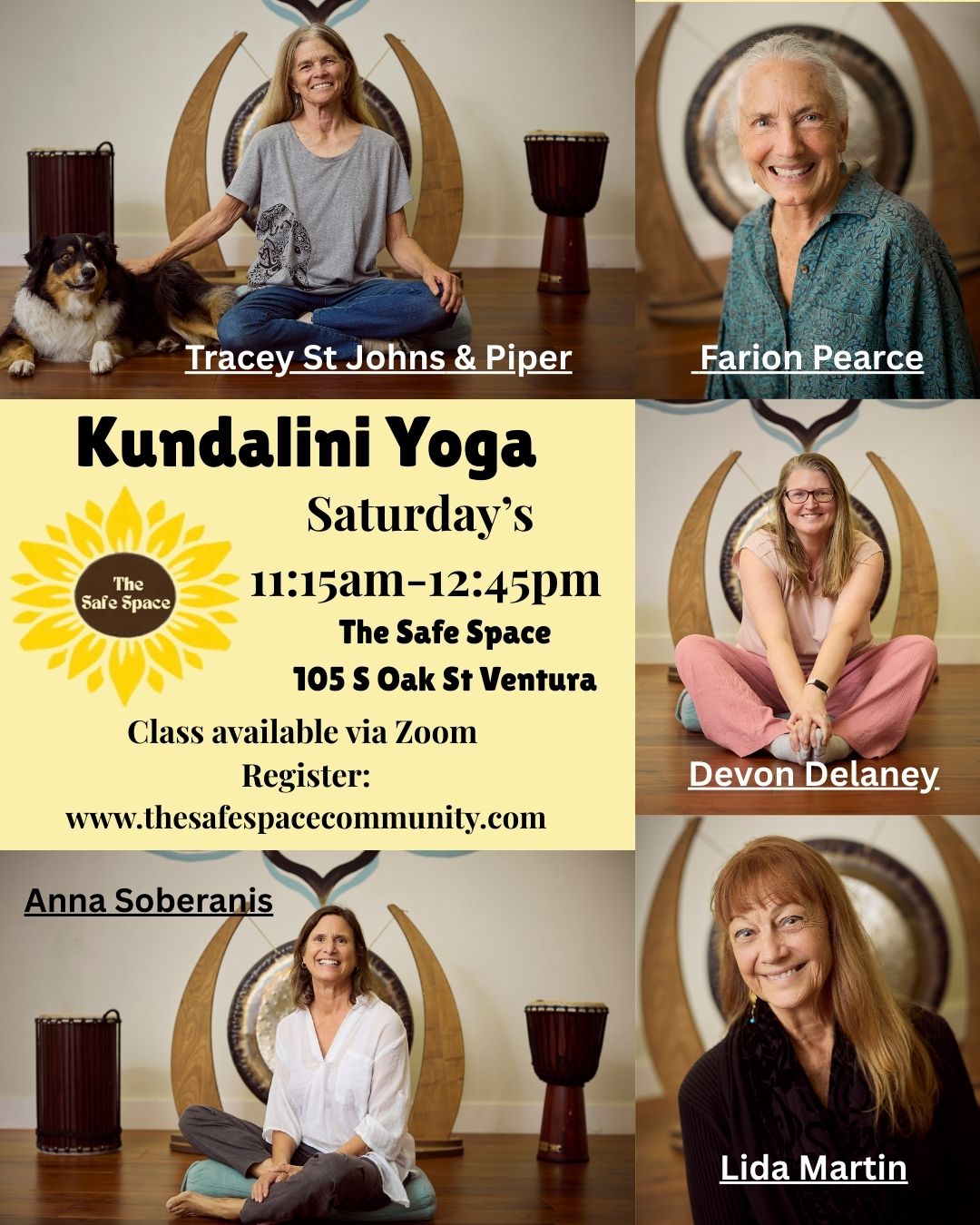Poster advertising Kundalini Yoga class with photos of five women, class details, and location information.