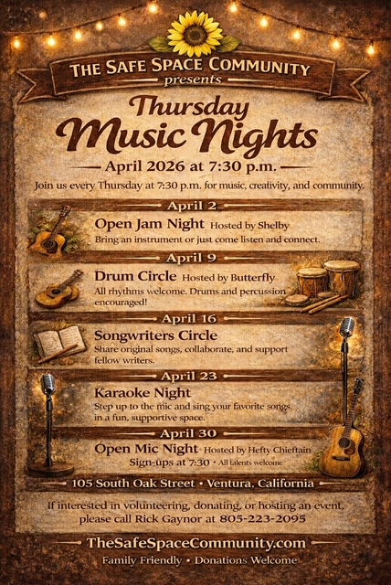 Event poster for Thursday Music Nights in April, featuring open mic, drum circle, songwriters, karaoke, and more, at 105 South Oak Street, Ventura.