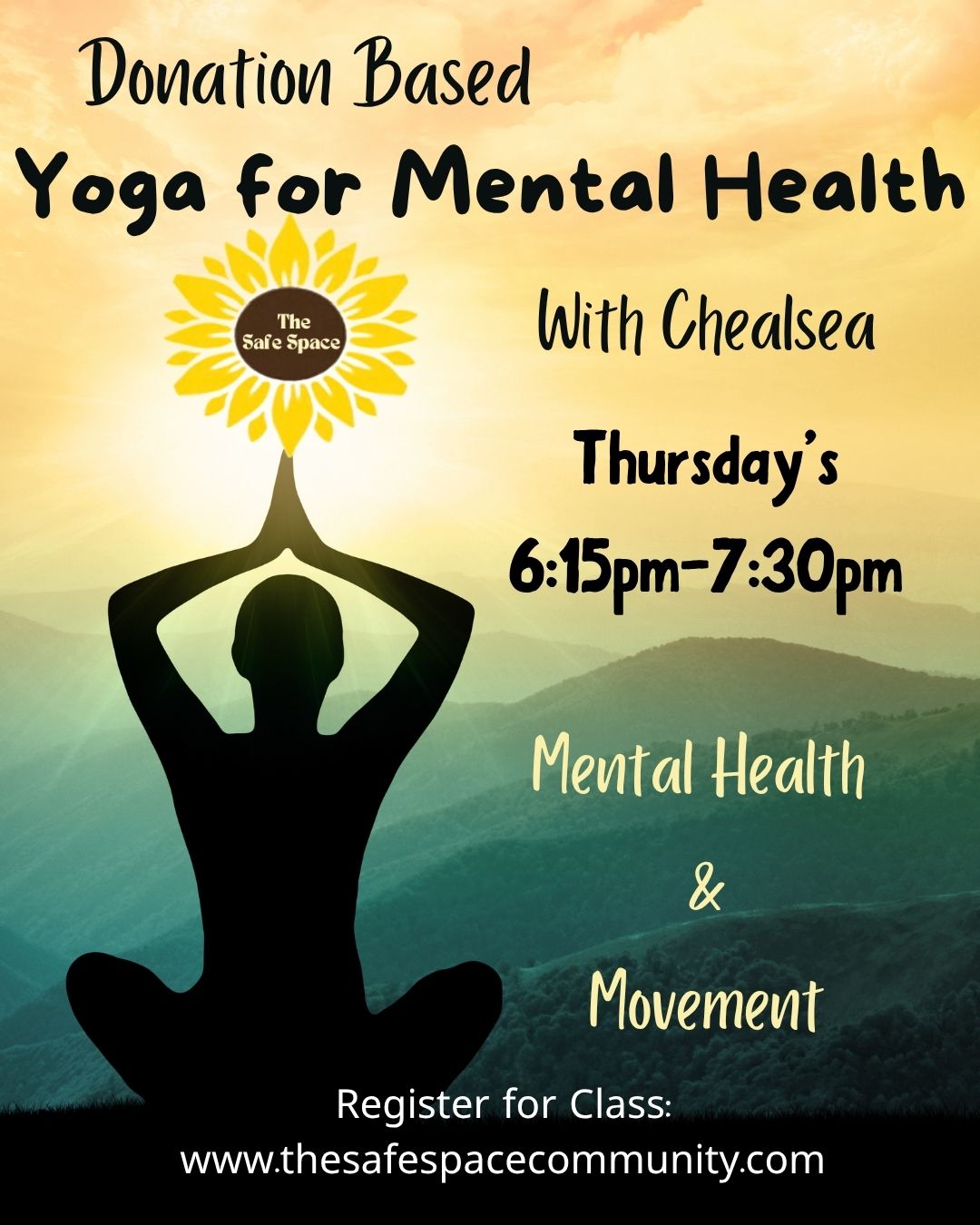 Silhouette of a person in yoga pose with a sun and tree design above, background of mountains and sky, promoting mental health yoga class.