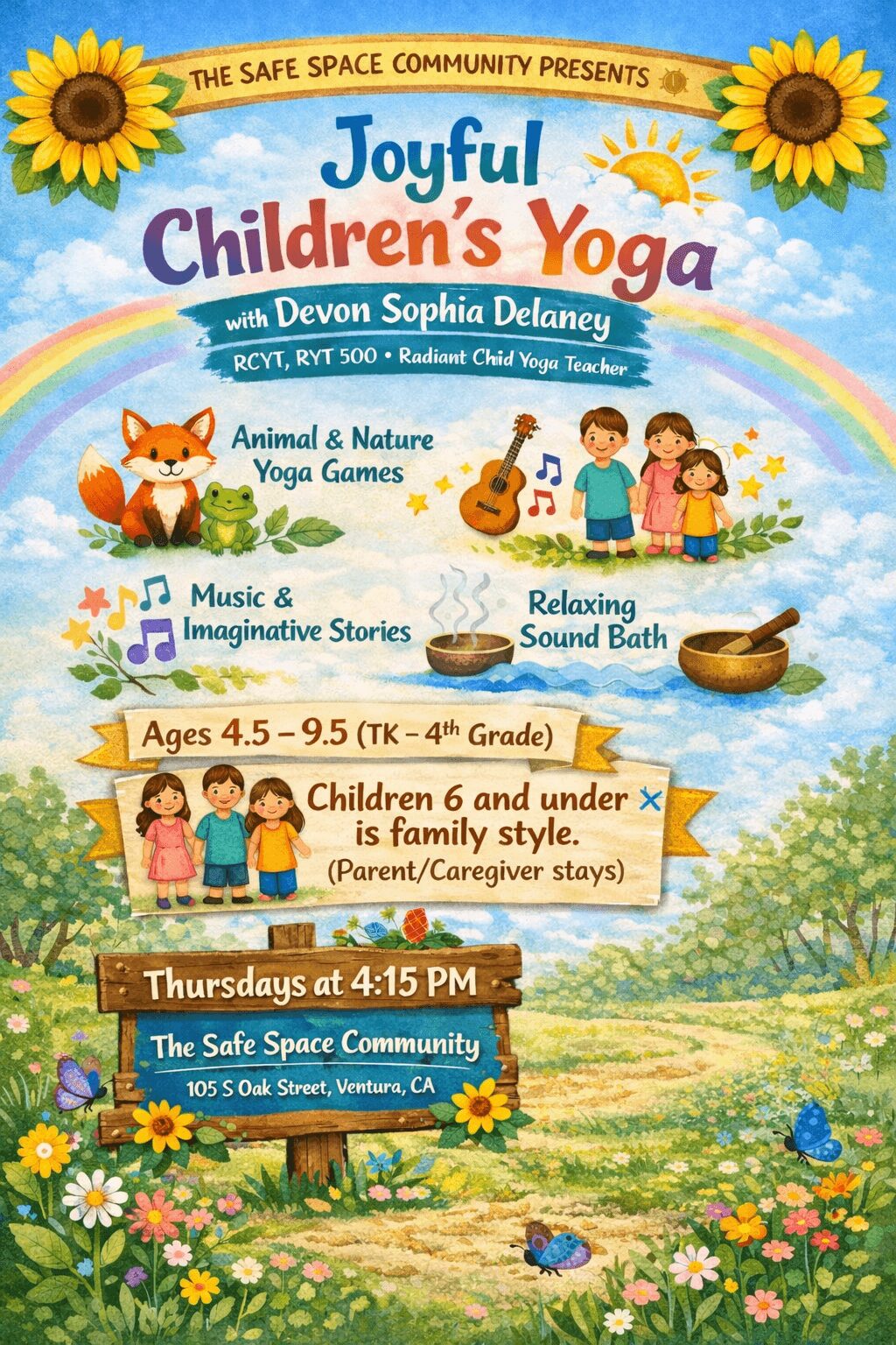 Colorful poster advertising children's yoga class with animals, children, flowers, and sun illustrations.