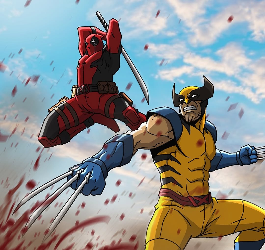 Animated characters Deadpool and Wolverine fighting in a cloudy sky with debris flying around.