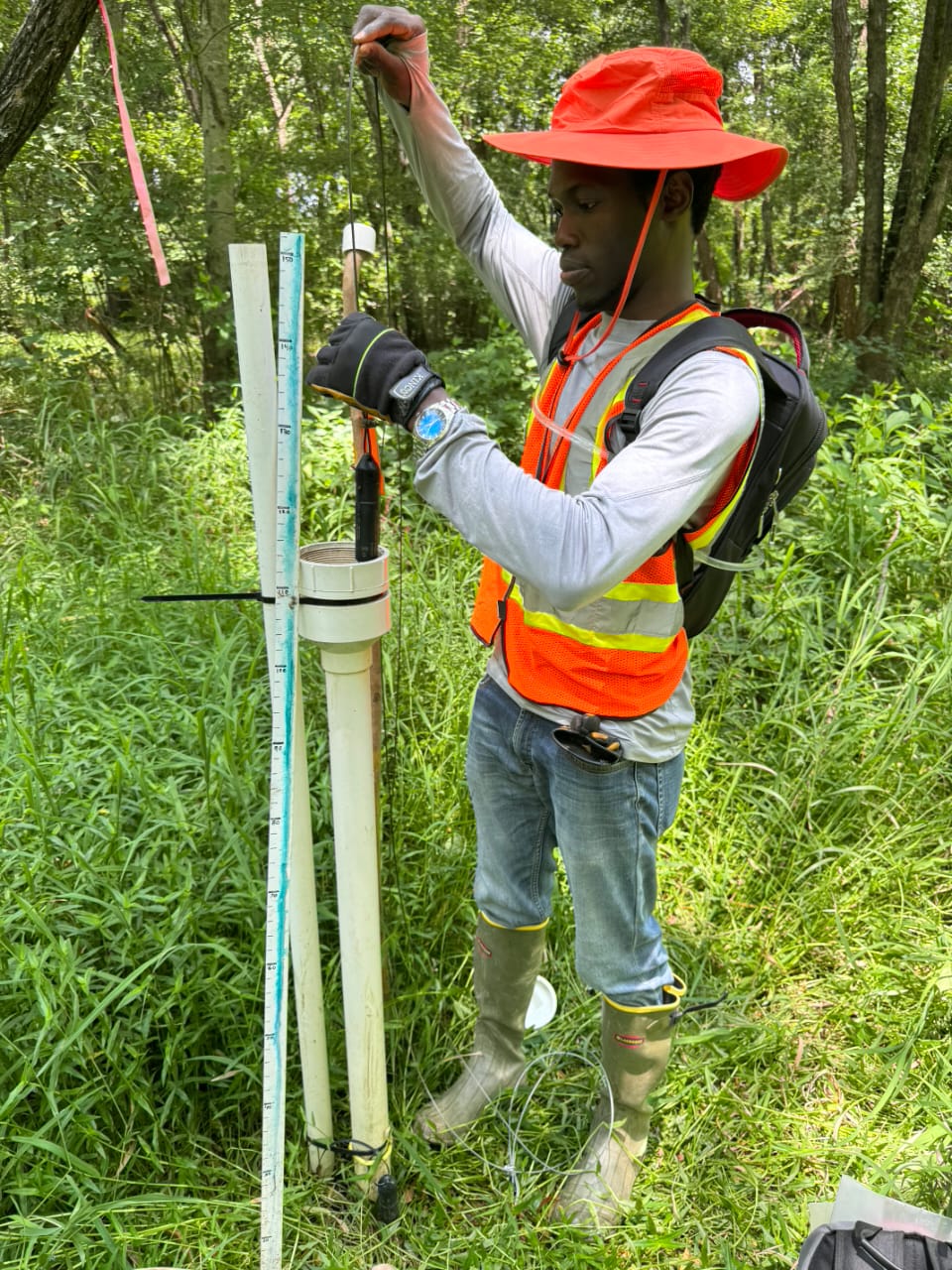 Person in orange hat and safety vest working with equipment in a green forested area.