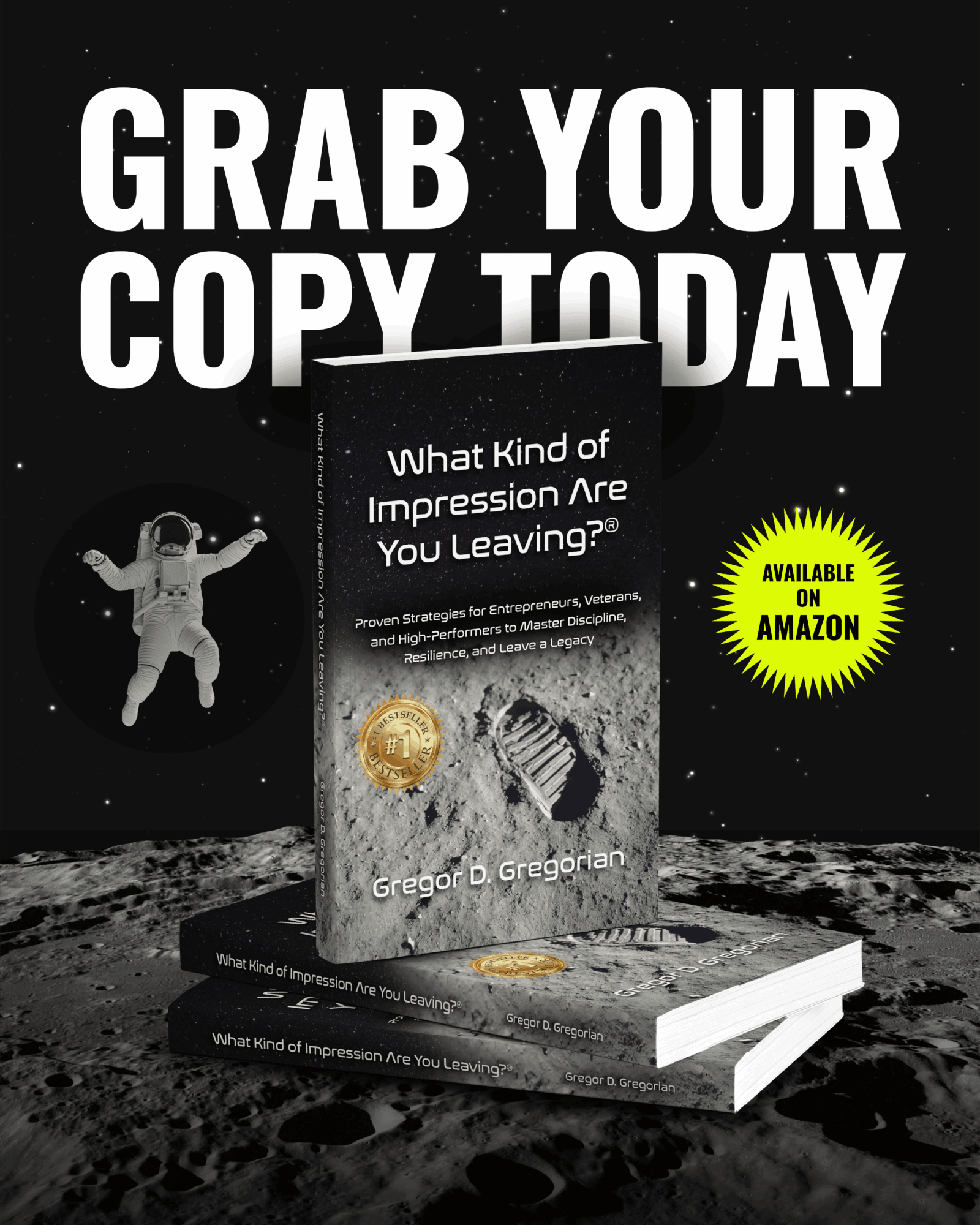 Book titled 'What Kind of Impression Are You Leaving?' displayed on a surface with a space-themed background and large text above.