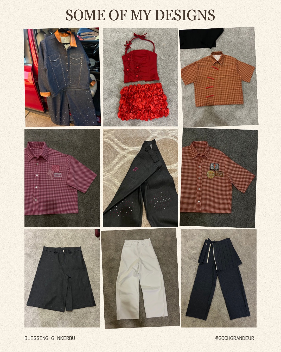 Nine clothing items arranged in a grid, including shirts, pants, shorts, and a dress, with a caption at the top.