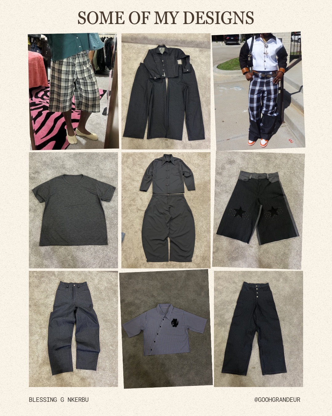 Collection of nine clothing designs including shirts, pants, shorts, and a jacket displayed on various backgrounds.