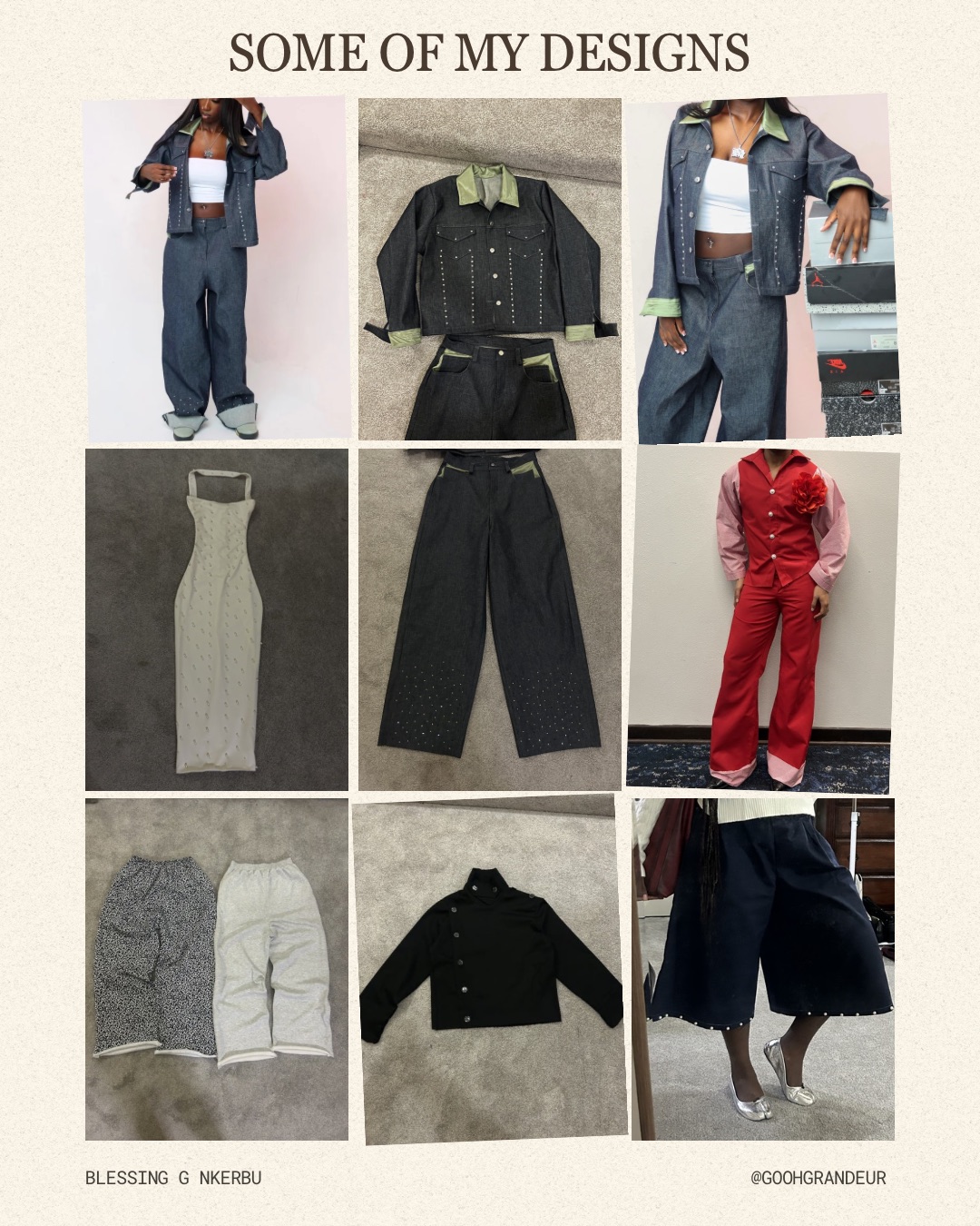 Collection of nine fashion images including denim outfits, dresses, pants, and jackets displayed in a grid.