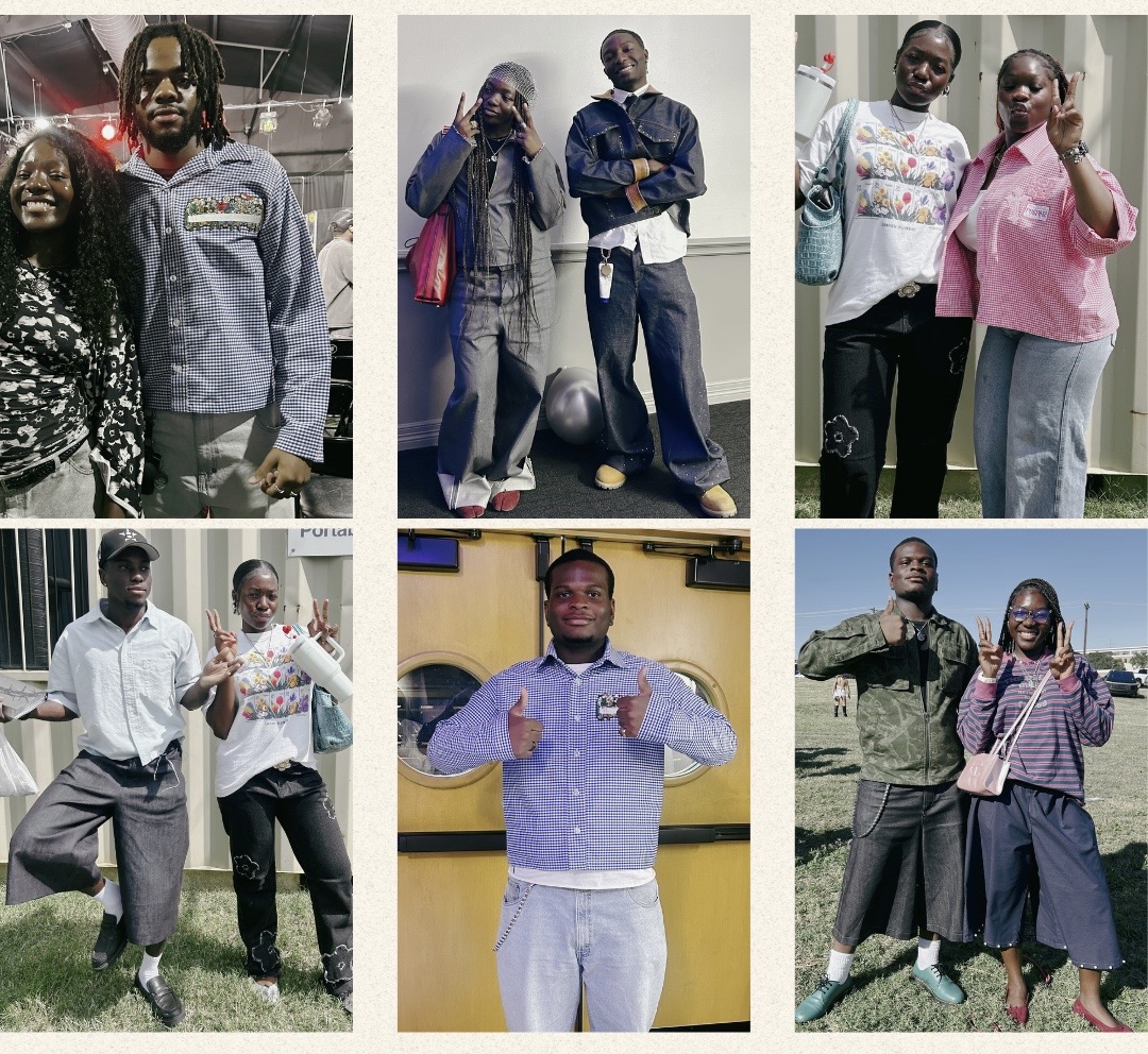 Six people in various outfits, some posing outdoors and indoors, some holding bags or making gestures.
