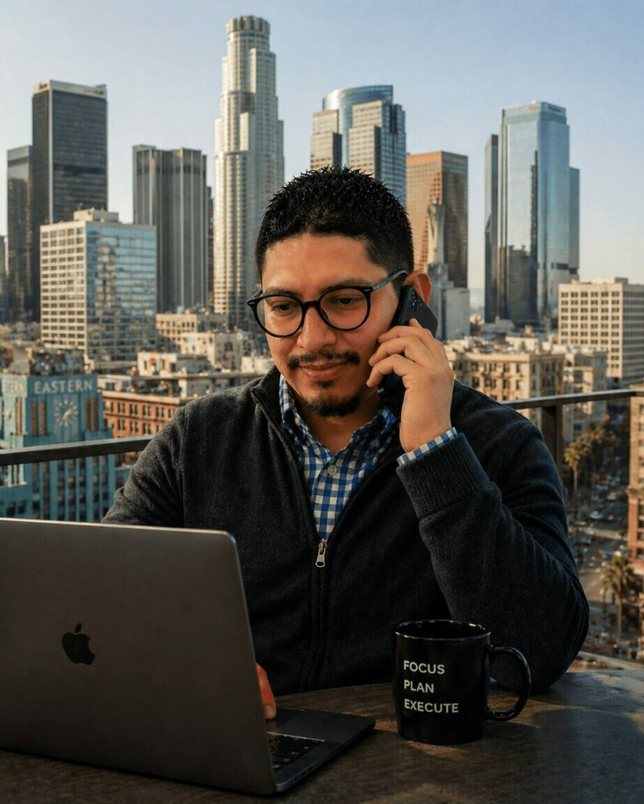 Man with glasses talking on phone at desk with laptop and coffee mug, city skyline in background.
