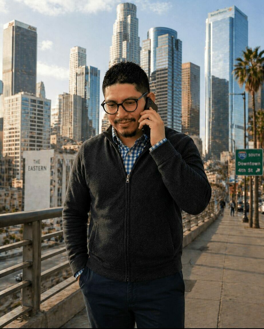 Man talking on phone outdoors with city skyline and palm trees in background.