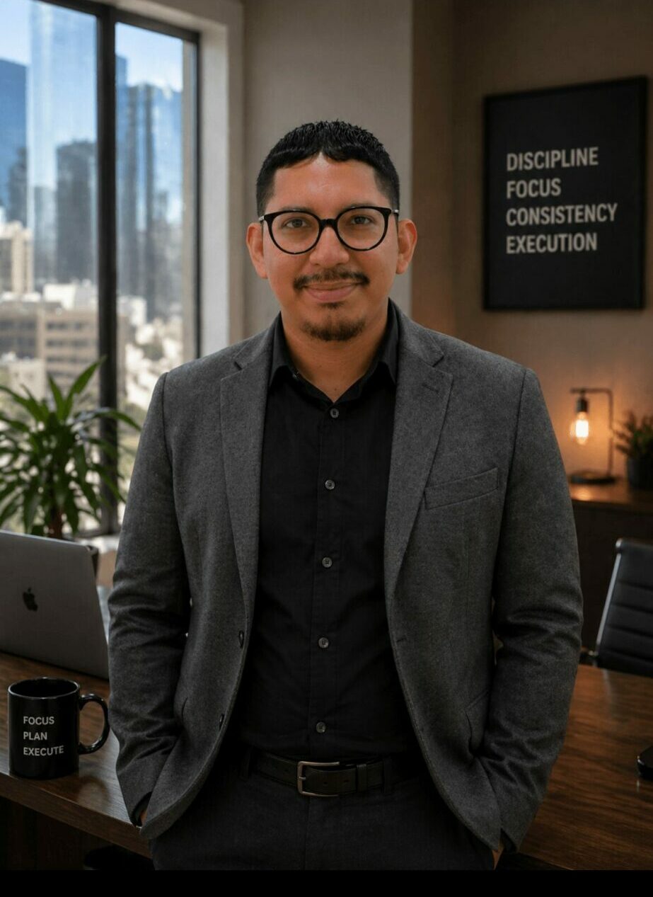 Man in glasses and suit standing in office with window view and plant behind him.