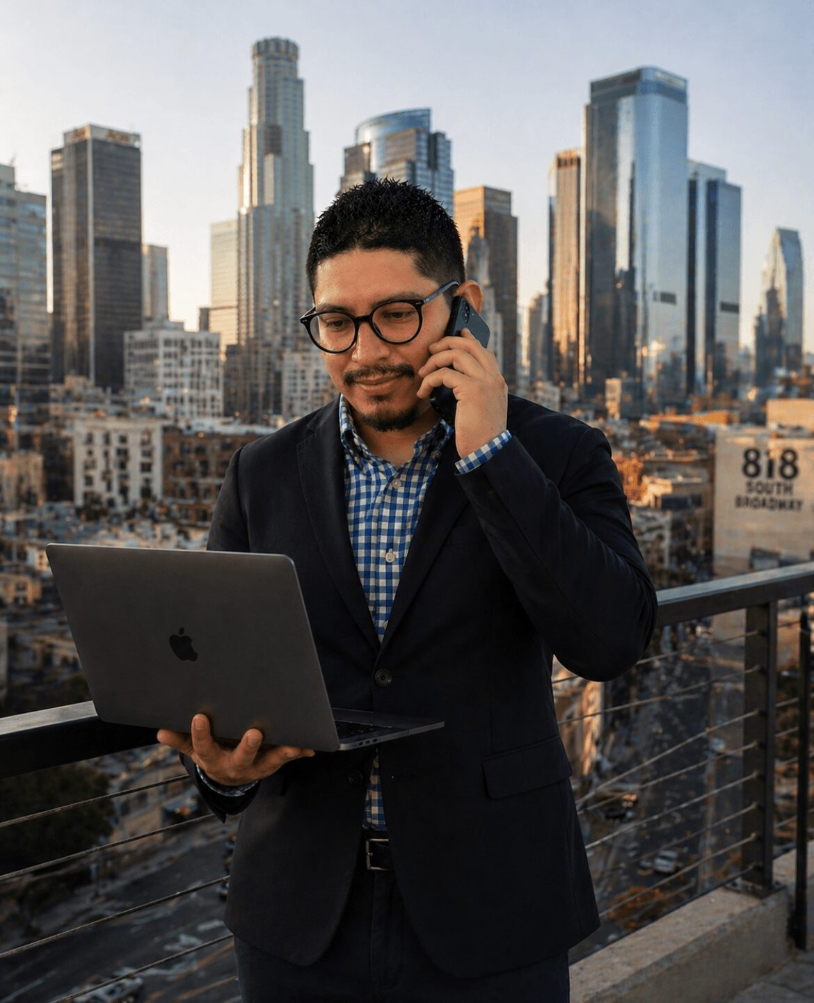 Man in suit with glasses holding a laptop and talking on phone on rooftop with city skyline background.